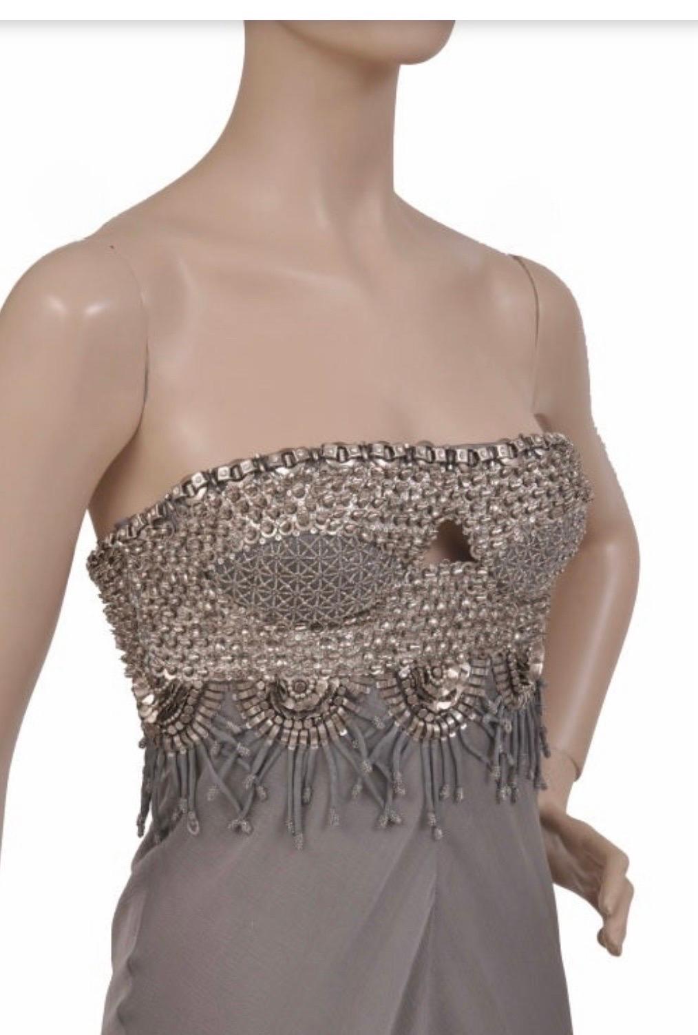 Gray 2008 Vintage Versace Strapless Crystal & Metal Embellished Silk Chiffon Gown 40 For Sale