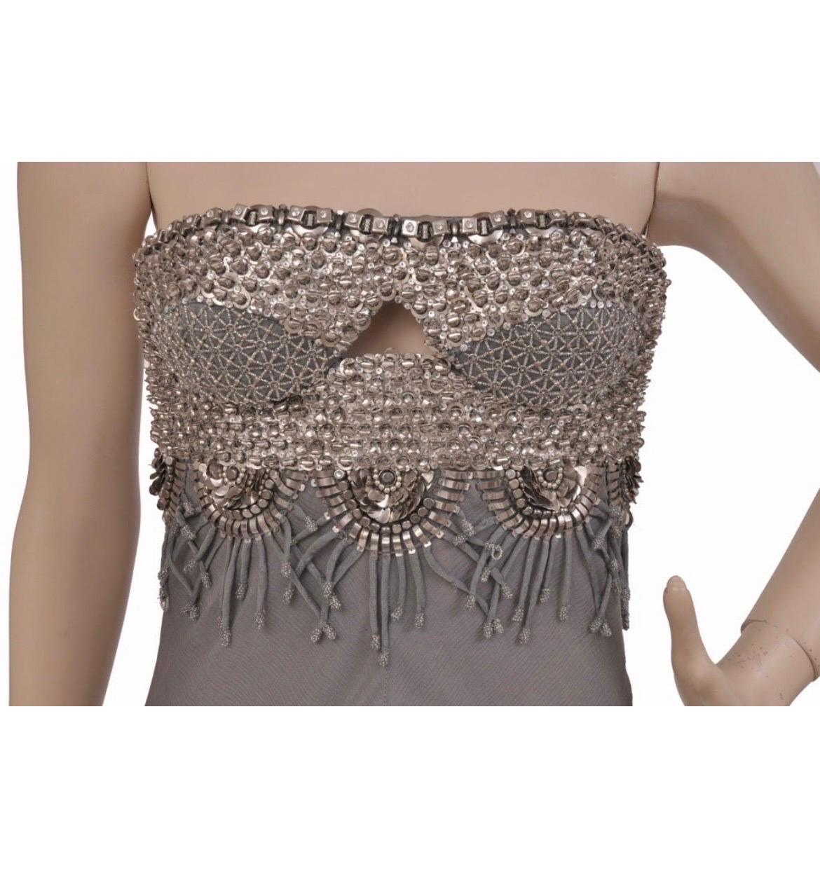 2008 Vintage Versace Strapless Crystal & Metal Embellished Silk Chiffon Gown 40 For Sale 1