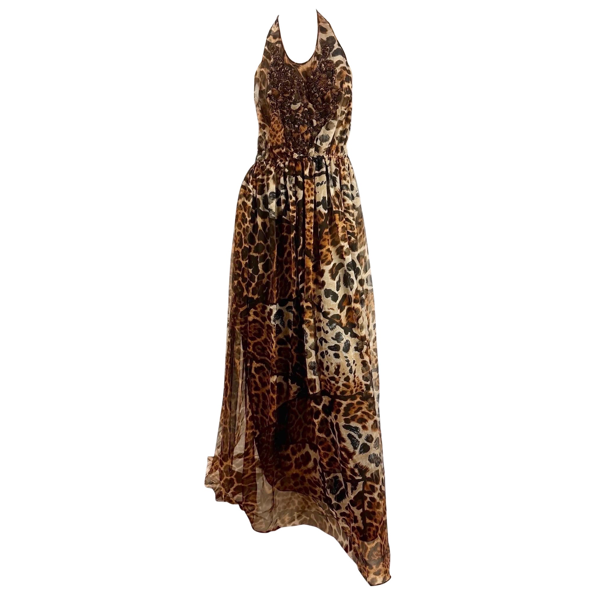 2008 Yves Saint Laurent Robe dos nu en mousseline de soie léopard avec ornements