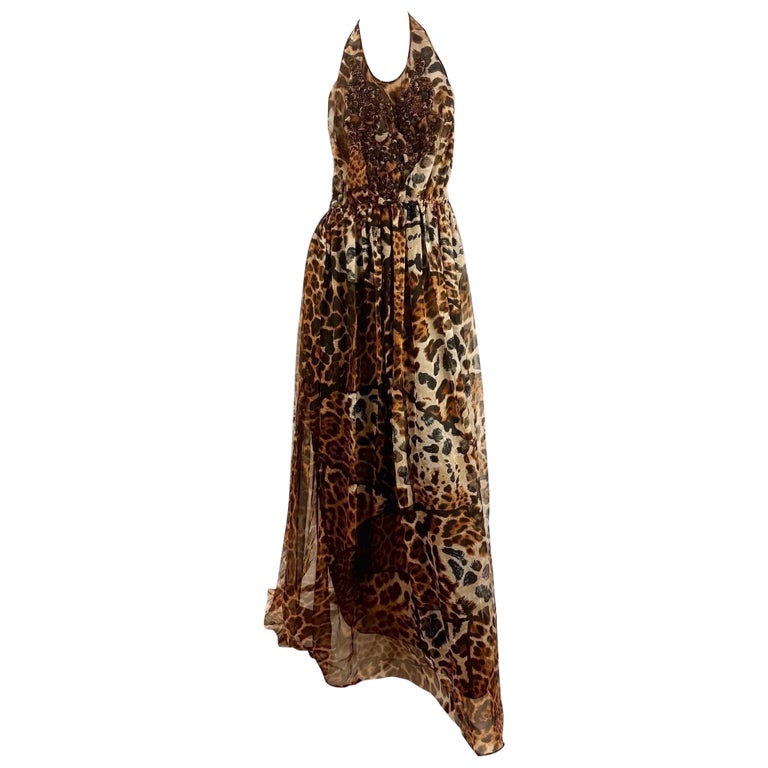 saint laurent leopard-print silk-chiffon maxi dress 2008 Yves Saint Laurent Embellished Leopard Silk Chiffon Backless Dress Gown