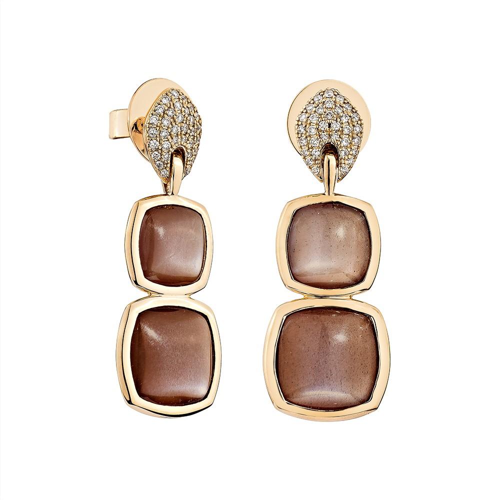 It is shown an excellent and classic Antique Chocolate Moonstone Cushion Briolette Shape Drop Earring. This Diamond studded earring is made of rose gold and looks lovely and exquisite.

Chocolate Moonstone Drop Earring in 18Karat Rose Gold With
