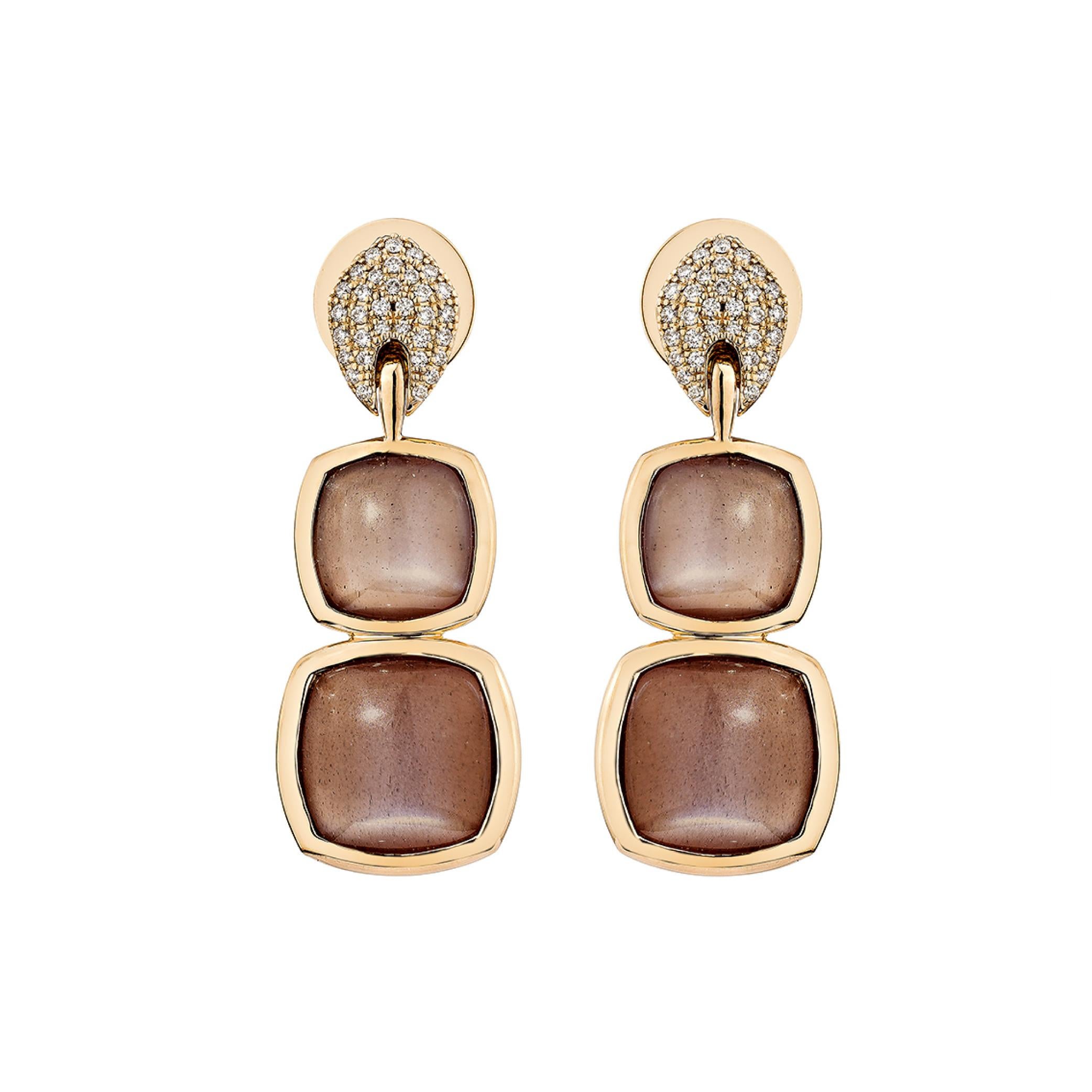 Contemporary 20.086 Carat Chocolate Moonstone Drop Earring in 18KRG With White Diamond. For Sale