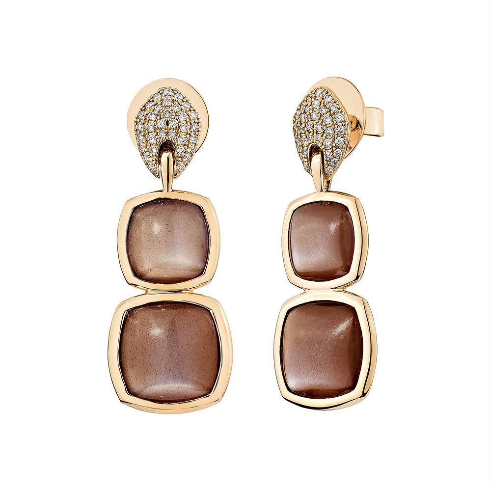 Cushion Cut 20.086 Carat Chocolate Moonstone Drop Earring in 18KRG With White Diamond. For Sale