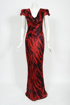 2009 Alexander McQueen Lifetime Red & Black Feather Print Silk Hourglass Gown