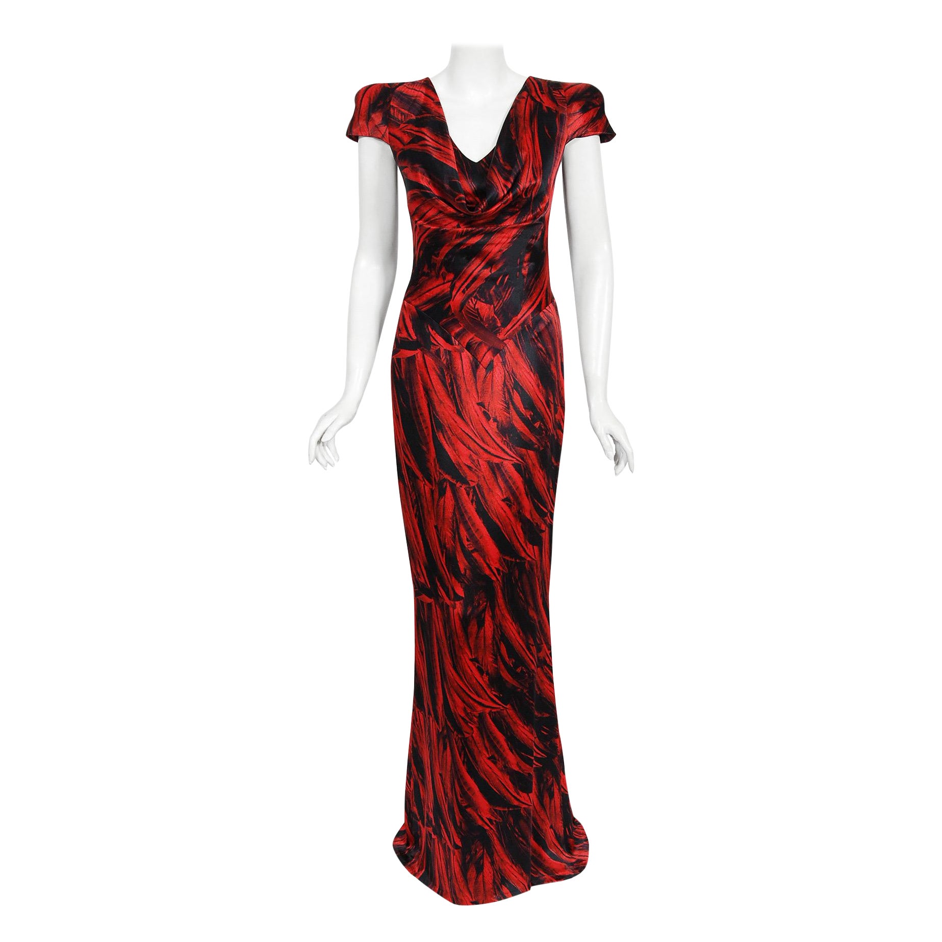 2009 Alexander McQueen Lifetime Red 
Black Feather Print Silk Hourglass Gown For Sale