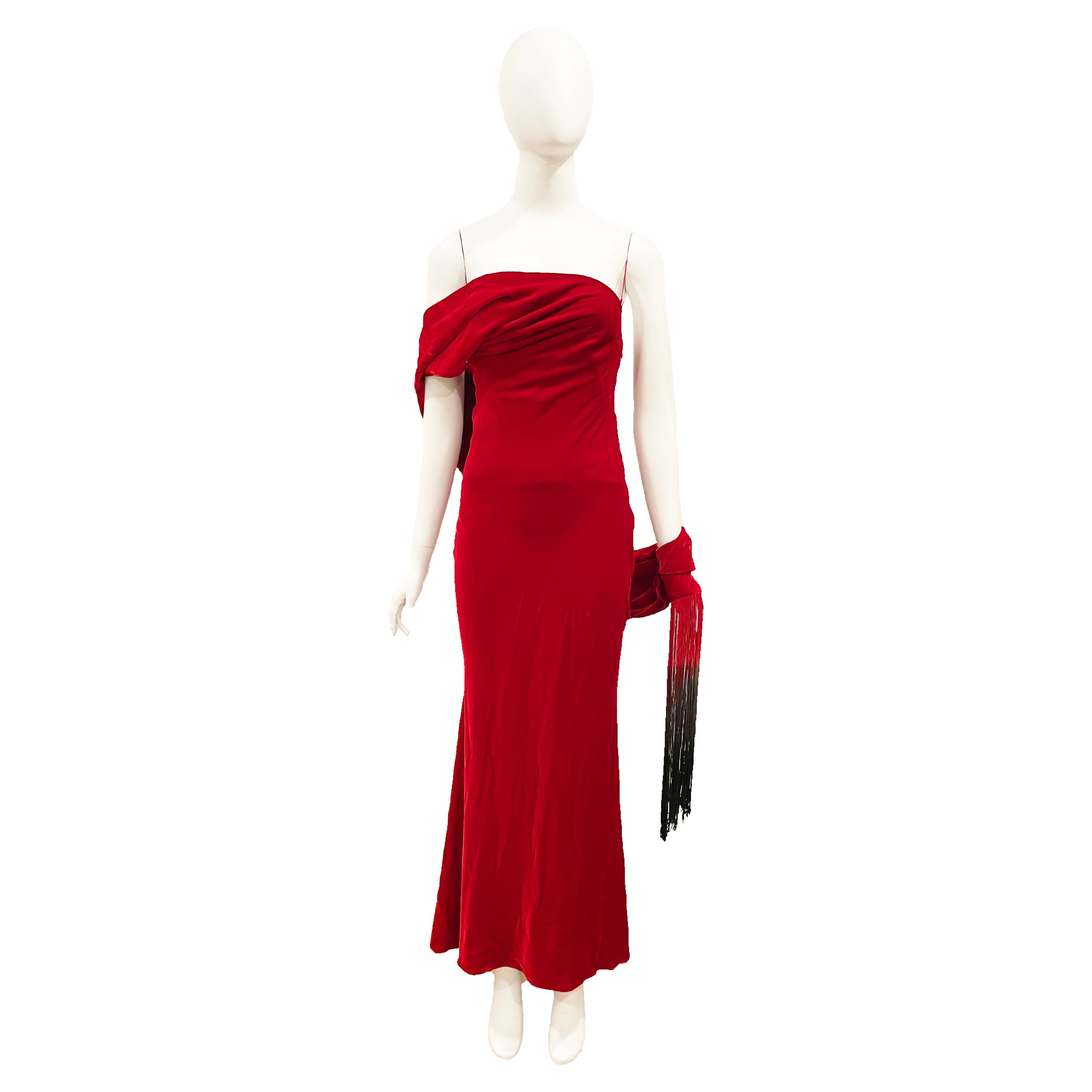 2009 Alexander McQueen Red Velvet one sleeve gown