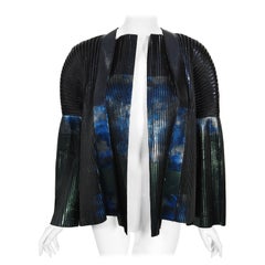 2009 Balenciaga Runway Iridescent Pleated Blue Silk Bell-Sleeve Jacket w/ Tags