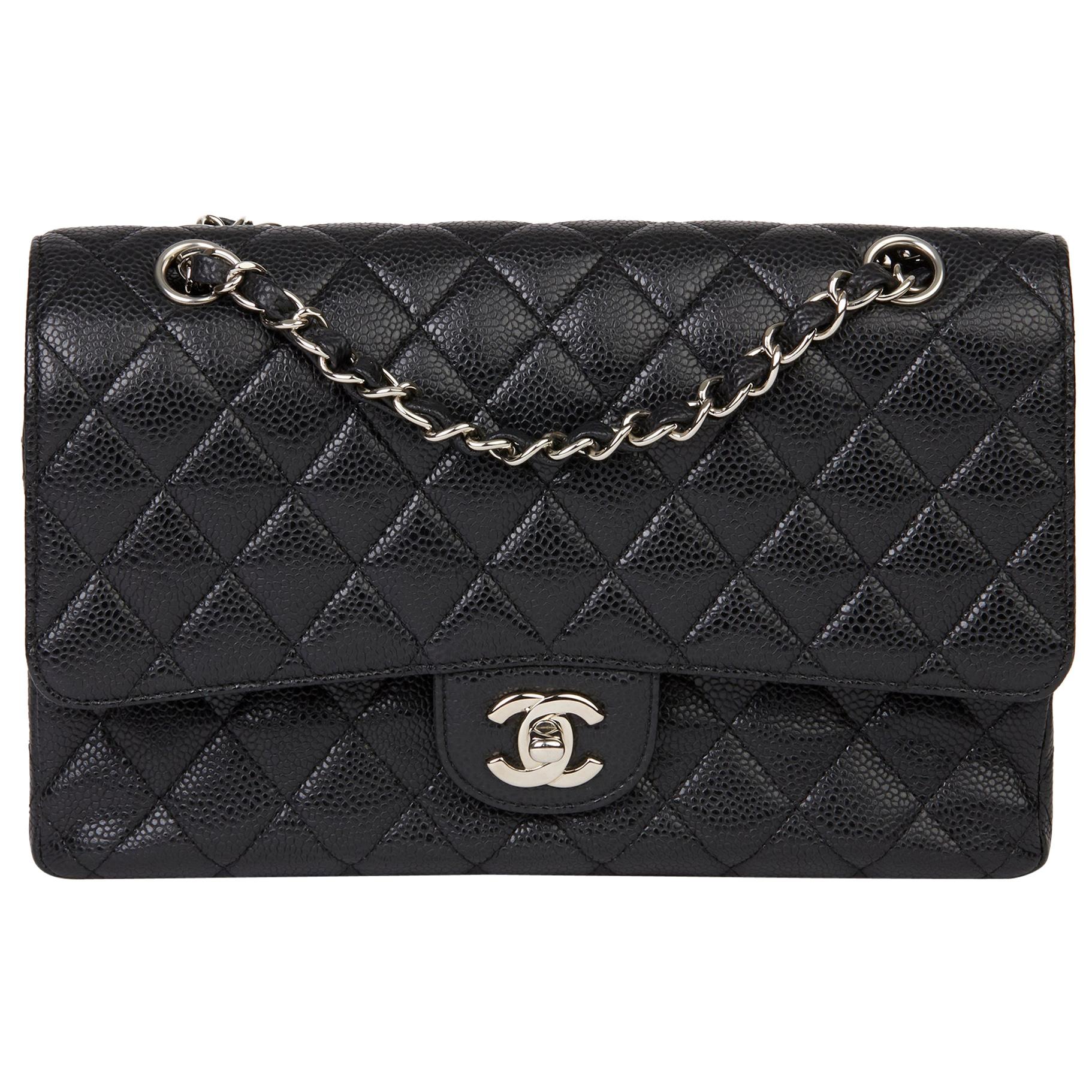2009 Chanel Black Quilted Caviar Leather Medium Classic Double Flap Bag