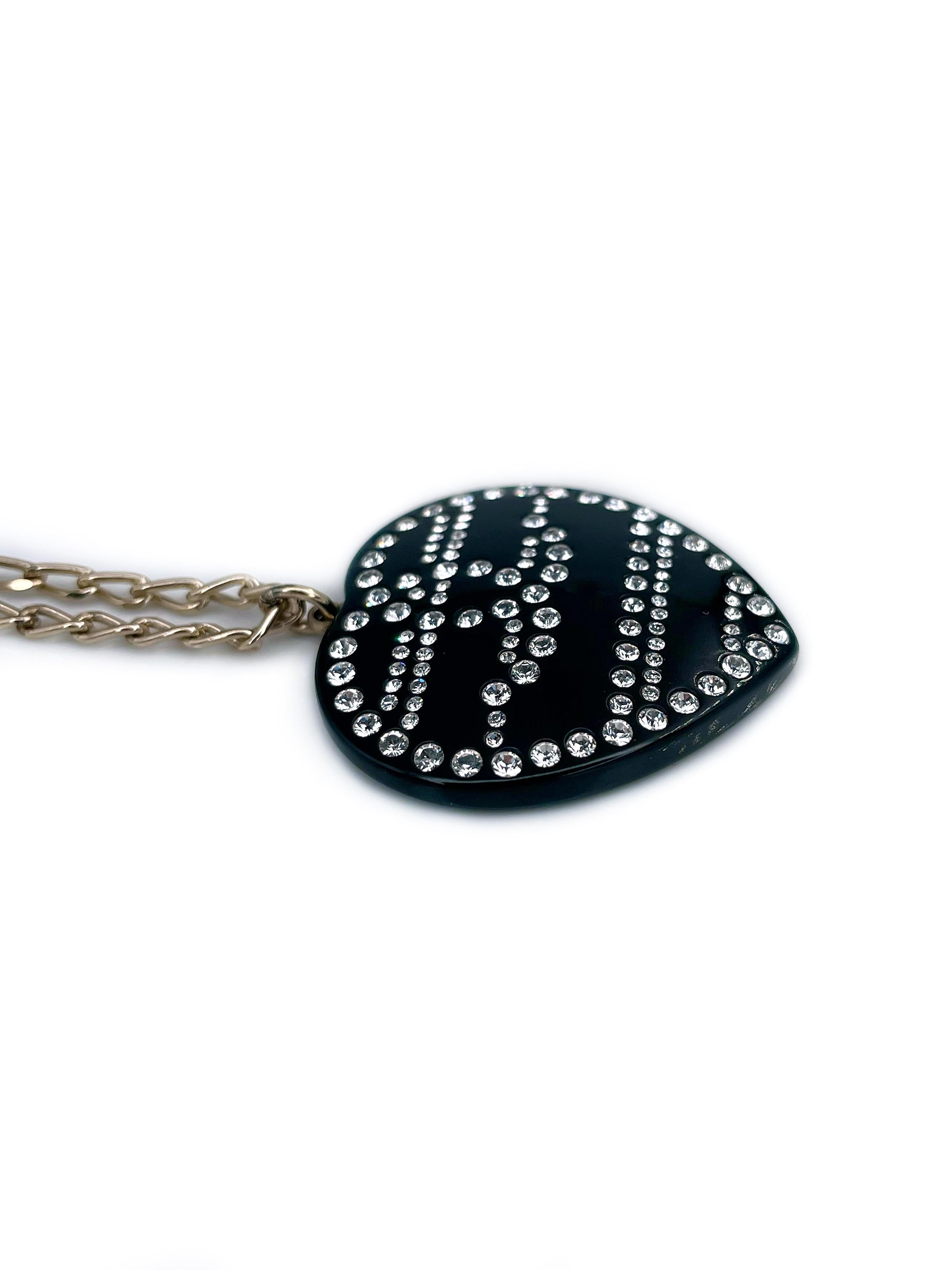 Modern 2009 Chanel Black Resin Clear Crystal CC Logo Heart Pendant Chain Necklace For Sale