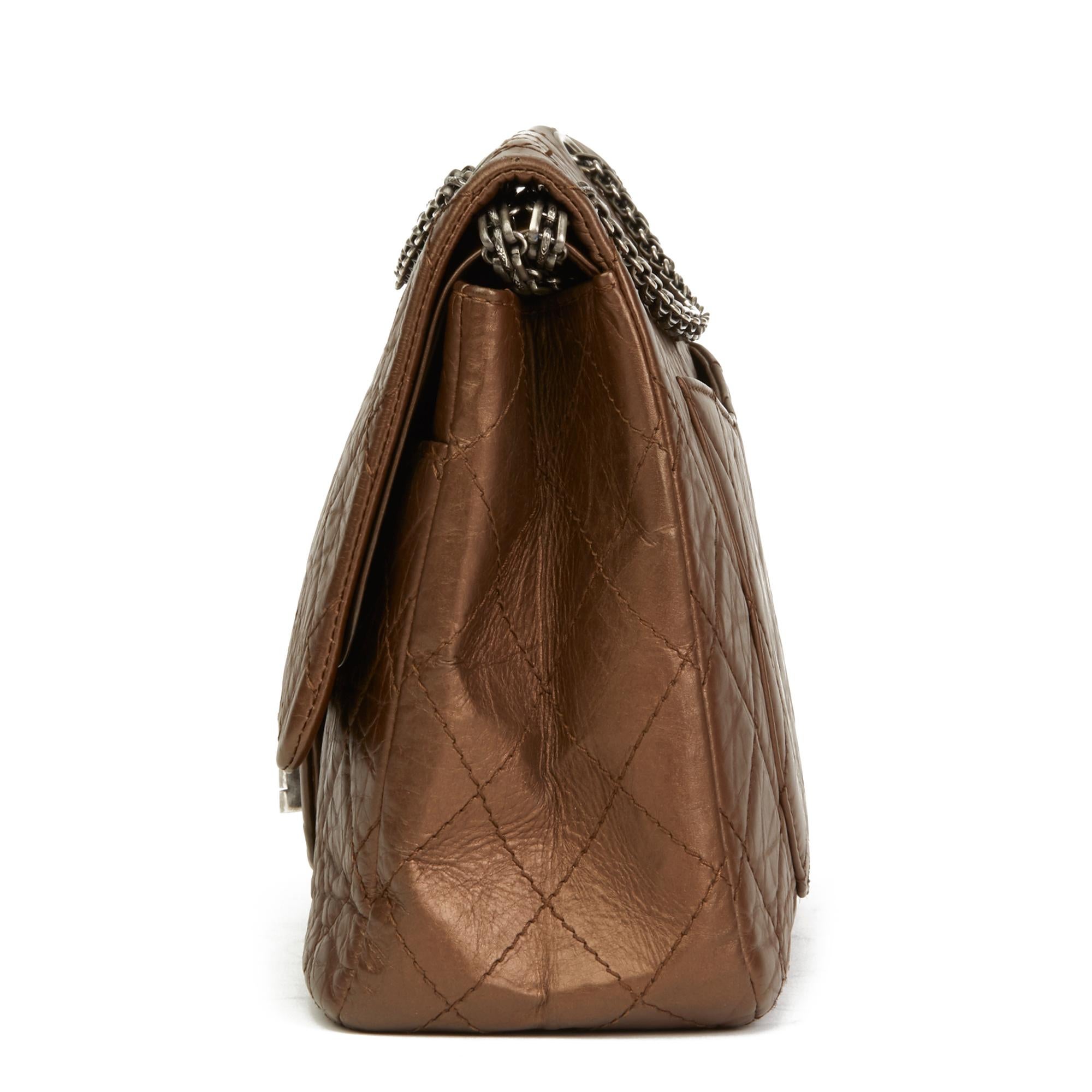 Brown 2009 Chanel Dark Bronze Metallic Aged Leather 2.55 Reissue 227 Double Flap Bag 