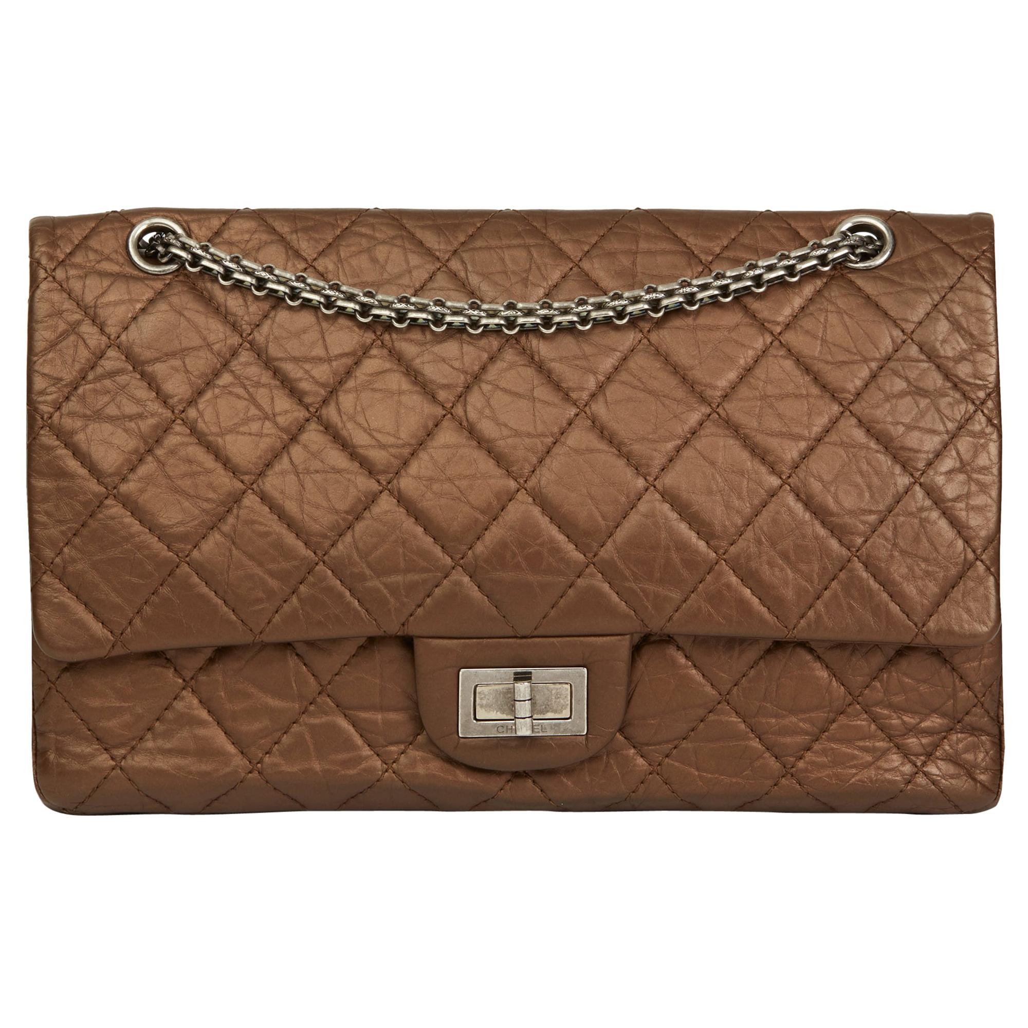 2009 Chanel Dark Bronze Metallic Aged Leather 2.55 Reissue 227 Double Flap Bag 