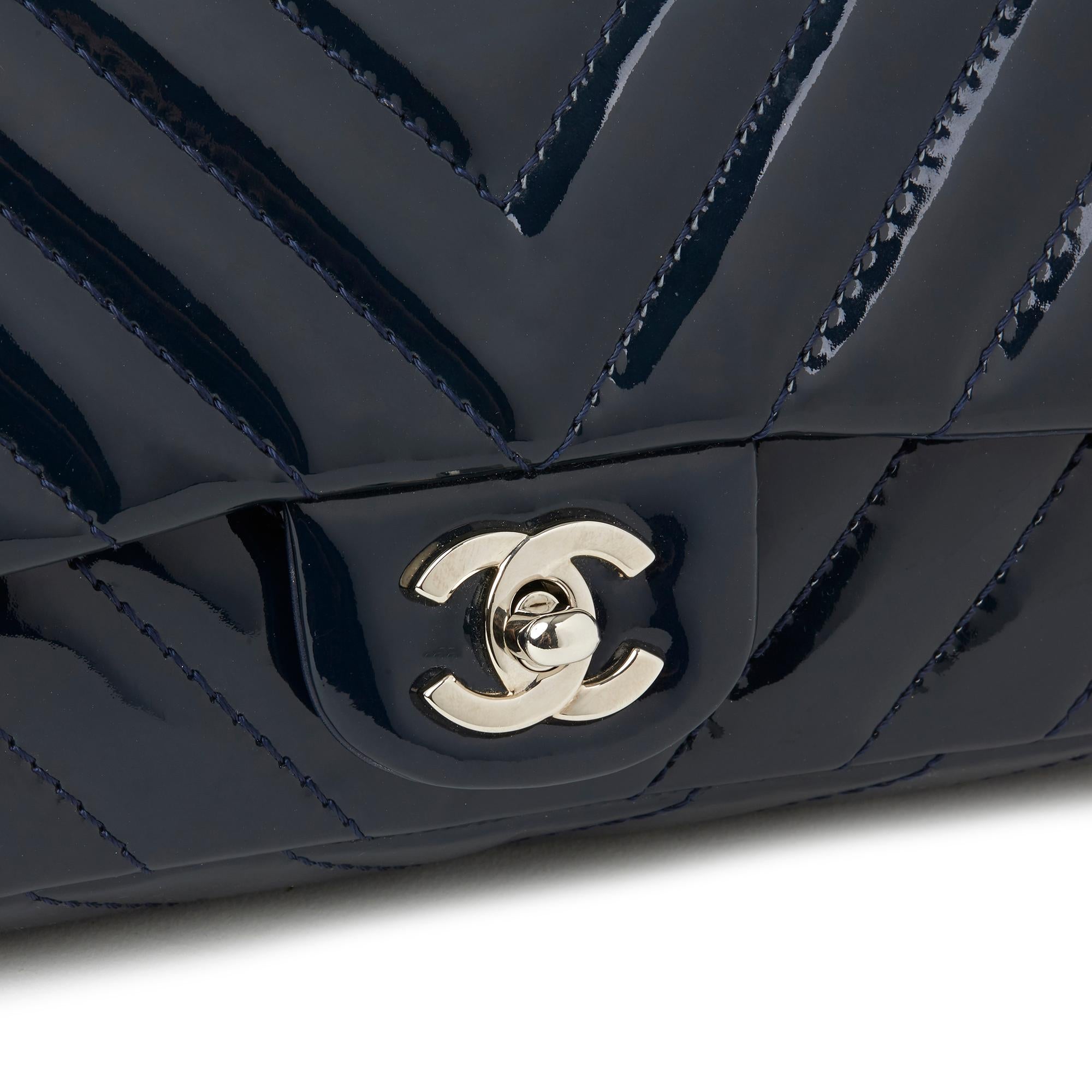 2009 Chanel Navy Chevron Quilted Patent East West Classic Single Flap Bag 1
