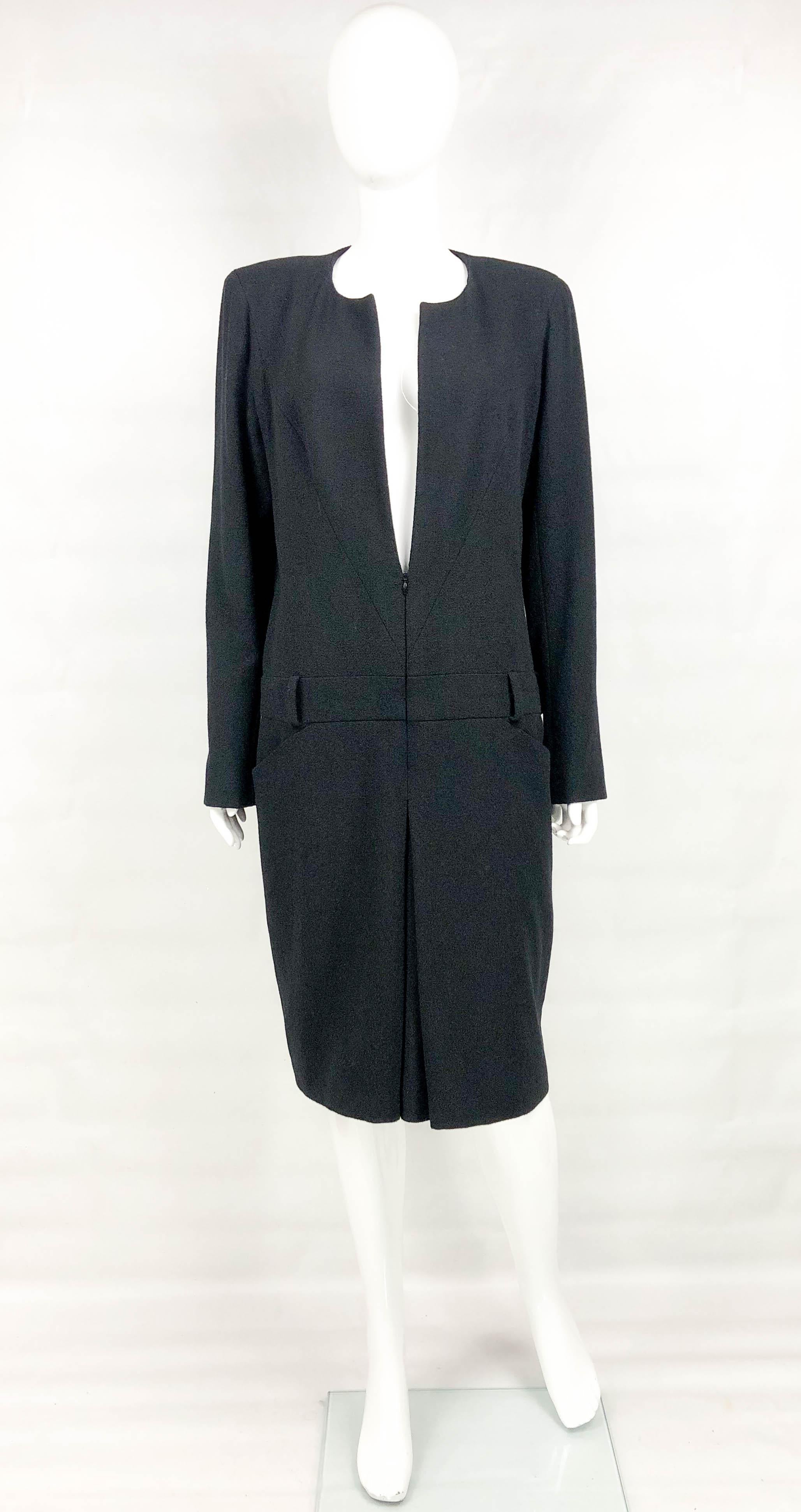 2009 Chanel Runway Look Black Wool Belted Dress / Coat (Large Size) In Excellent Condition For Sale In London, Chelsea