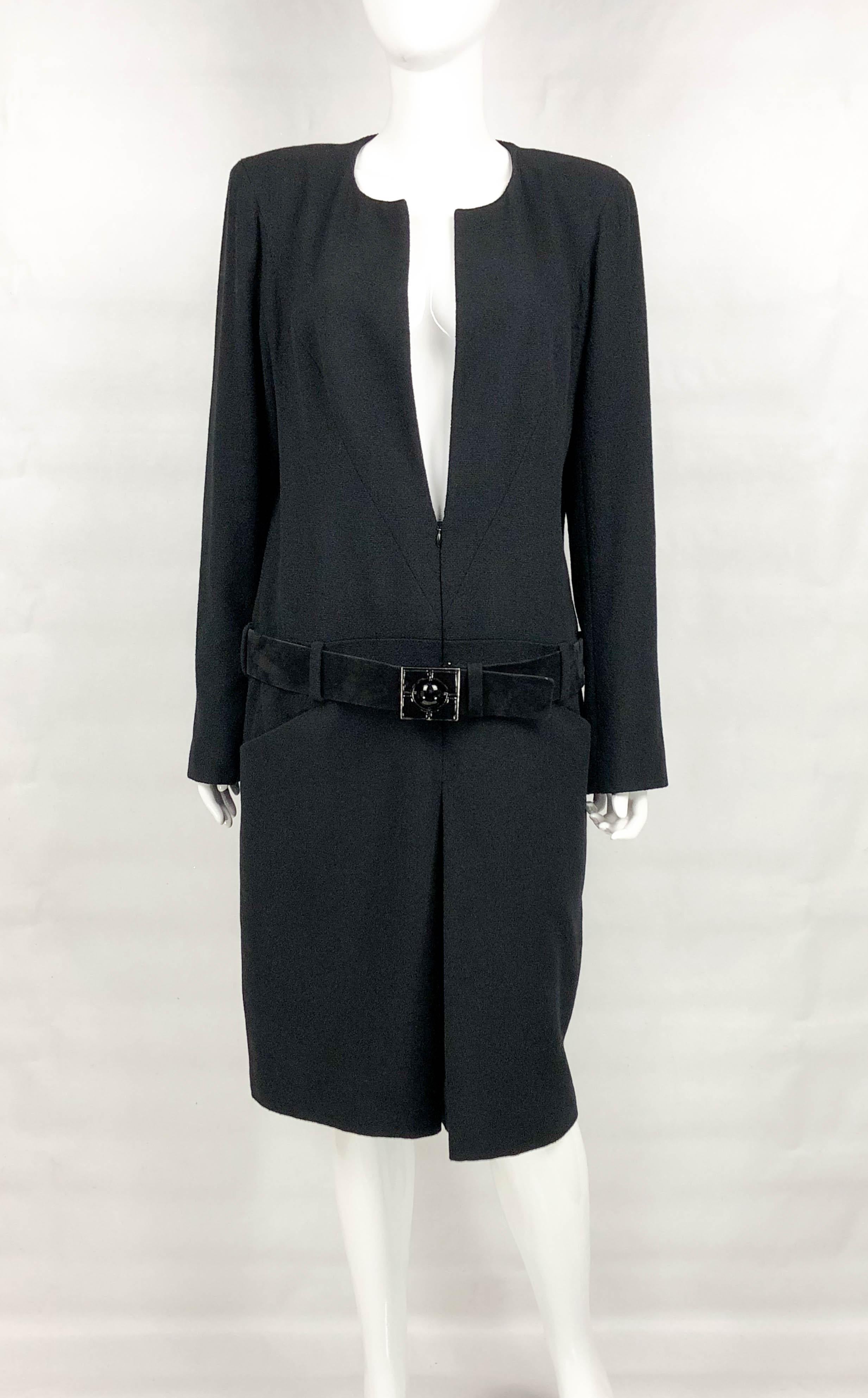 Women's 2009 Chanel Runway Look Black Wool Belted Dress / Coat (Large Size) For Sale