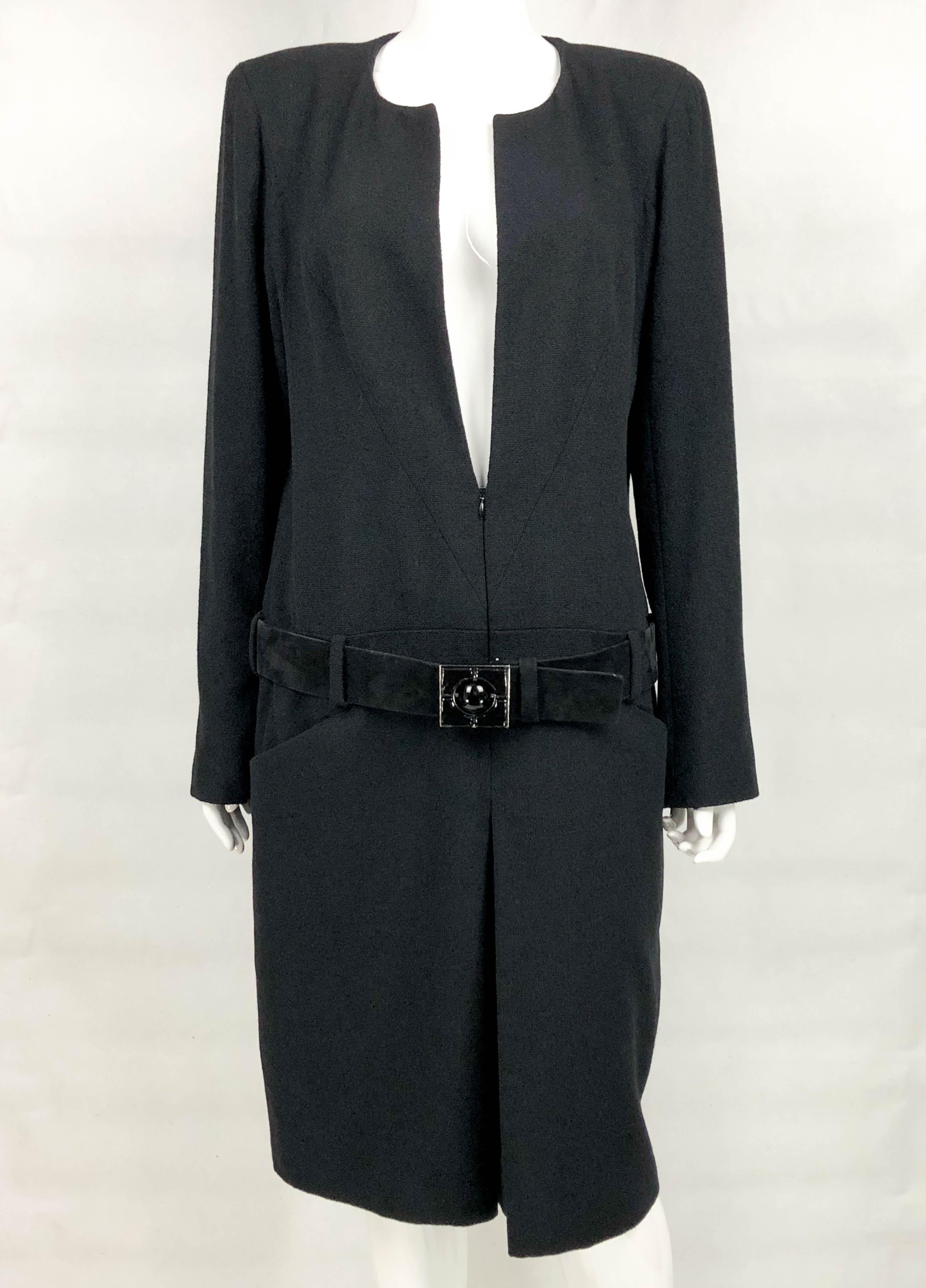 2009 Chanel Runway Look Black Wool Belted Dress / Coat (Large Size) For Sale 1