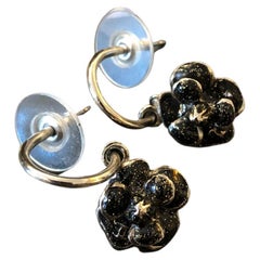 2009 CHANEL Silver Toned Black Enameled Camellia Pierced Earrings 