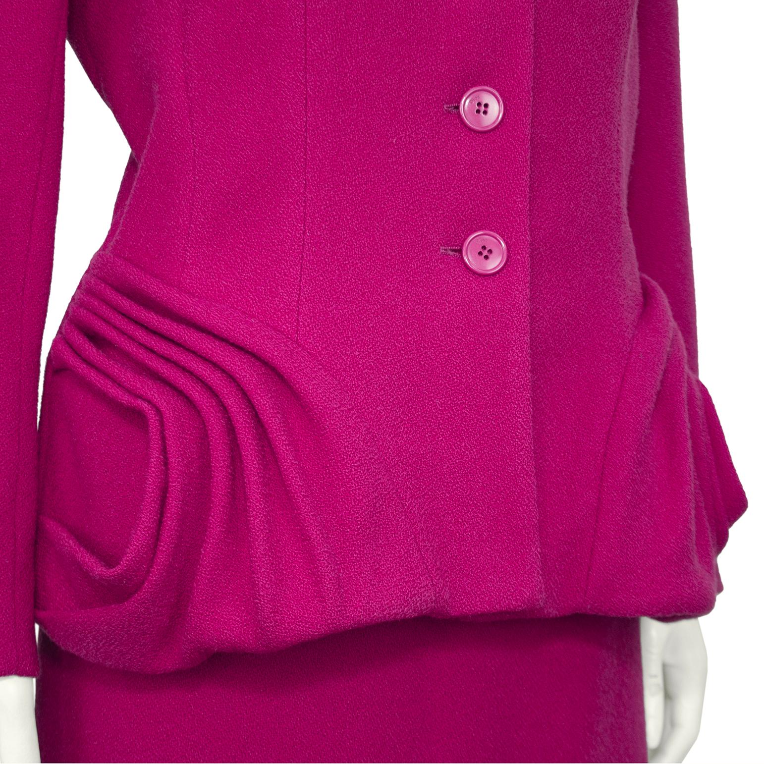 2009 Galliano for Christian Dior Fuchsia Wool Skirt Suit with Rosette Detail In Good Condition For Sale In Toronto, Ontario