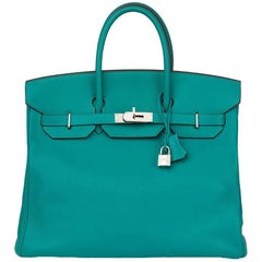 2009 Hermes Blue Paon Chevre Mysore Leather Birkin 36cm HAC