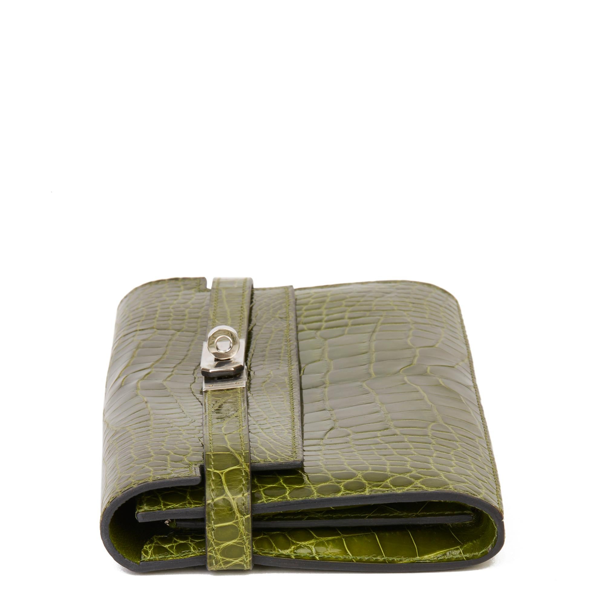 Brown 2009 Hermès Vert Perlouse Shiny Alligator Leather Kelly Long Wallet