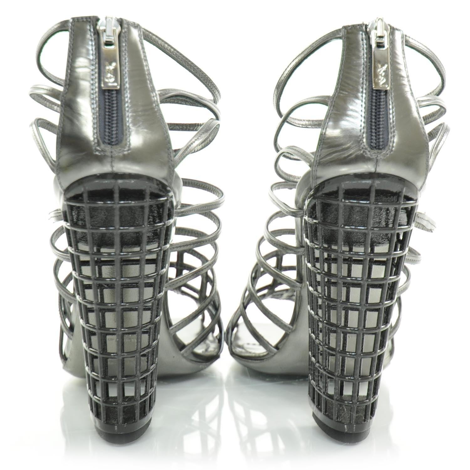 2009 Runway Documented Saint Laurent Silver Leather Cage Boots In Excellent Condition For Sale In London, GB