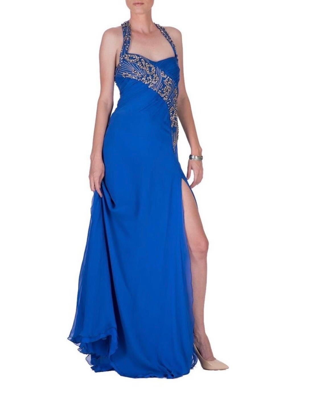 Blue 2009 Vintage Versace crystal embellished blue silk dress gown Italian 42 - 6 NWT For Sale