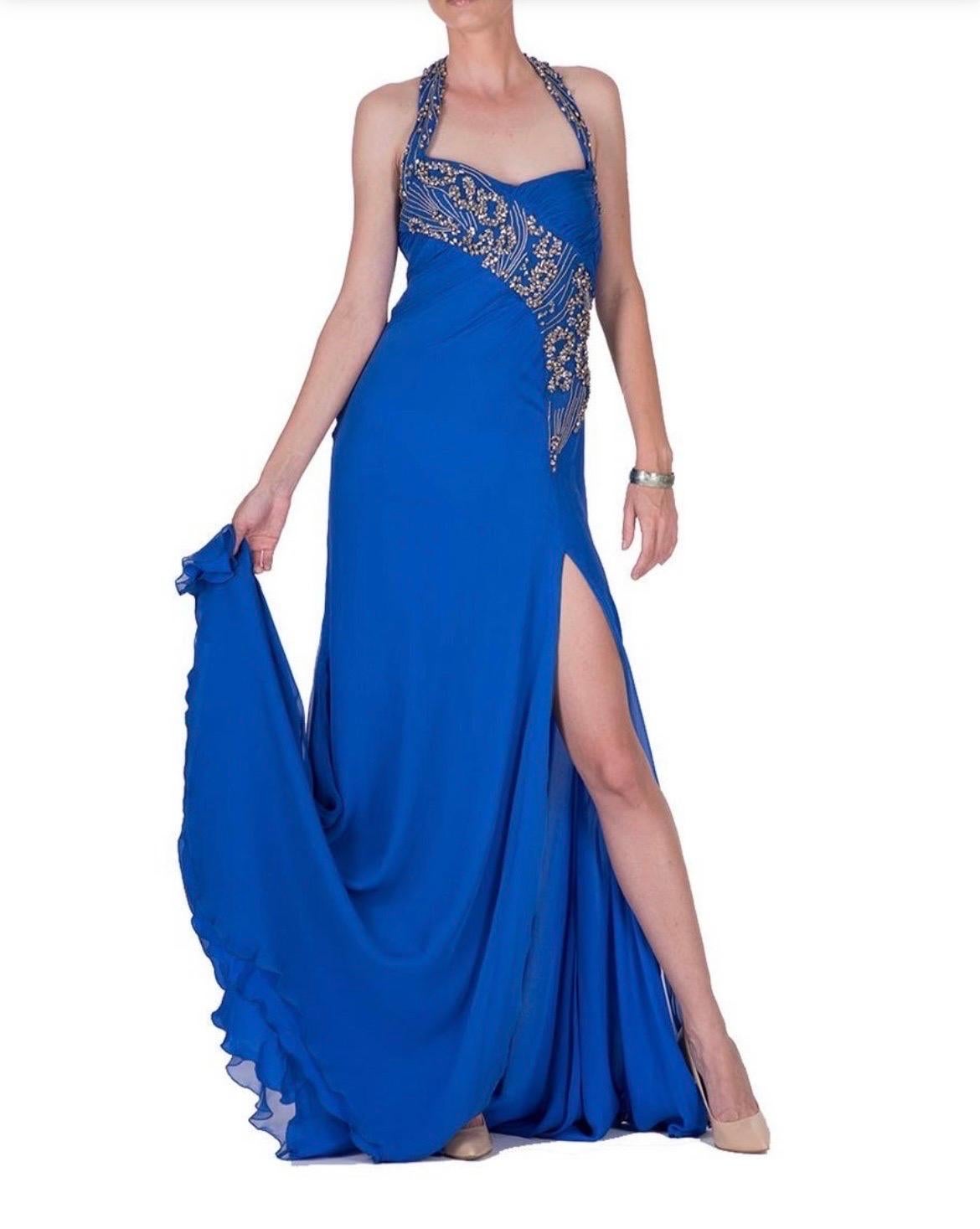 2009 Vintage Versace crystal embellished blue silk dress gown Italian 42 - 6 NWT In New Condition For Sale In Montgomery, TX