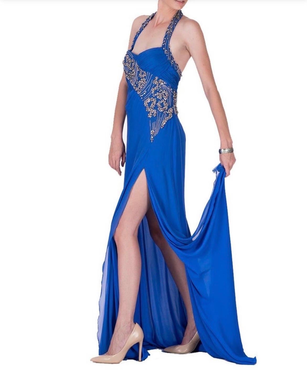 Women's 2009 Vintage Versace crystal embellished blue silk dress gown Italian 42 - 6 NWT For Sale