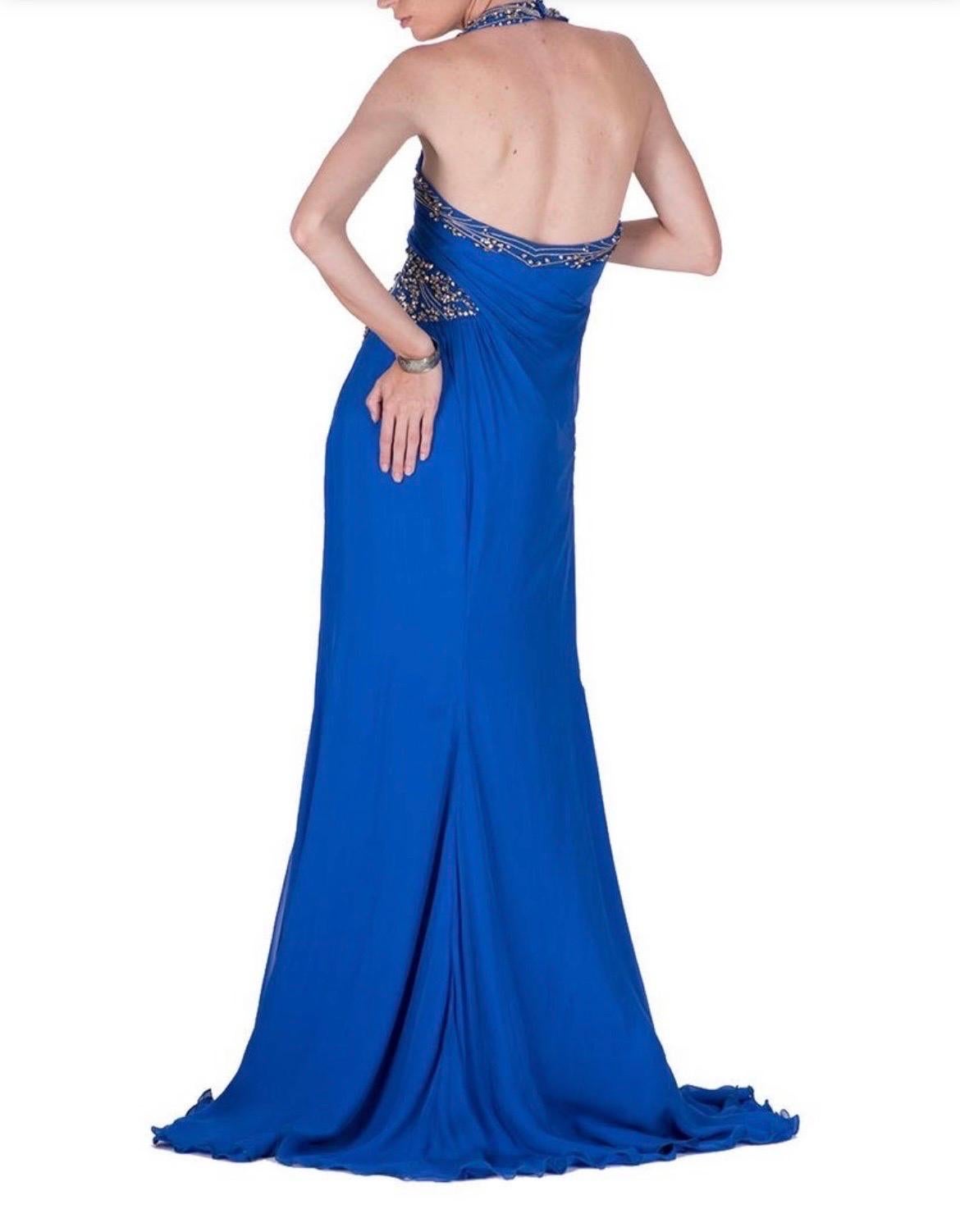 2009 Vintage Versace crystal embellished blue silk dress gown Italian 42 - 6 NWT For Sale 1