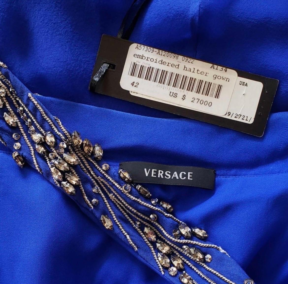 2009 Vintage Versace crystal embellished blue silk dress gown Italian 42 - 6 NWT For Sale 3