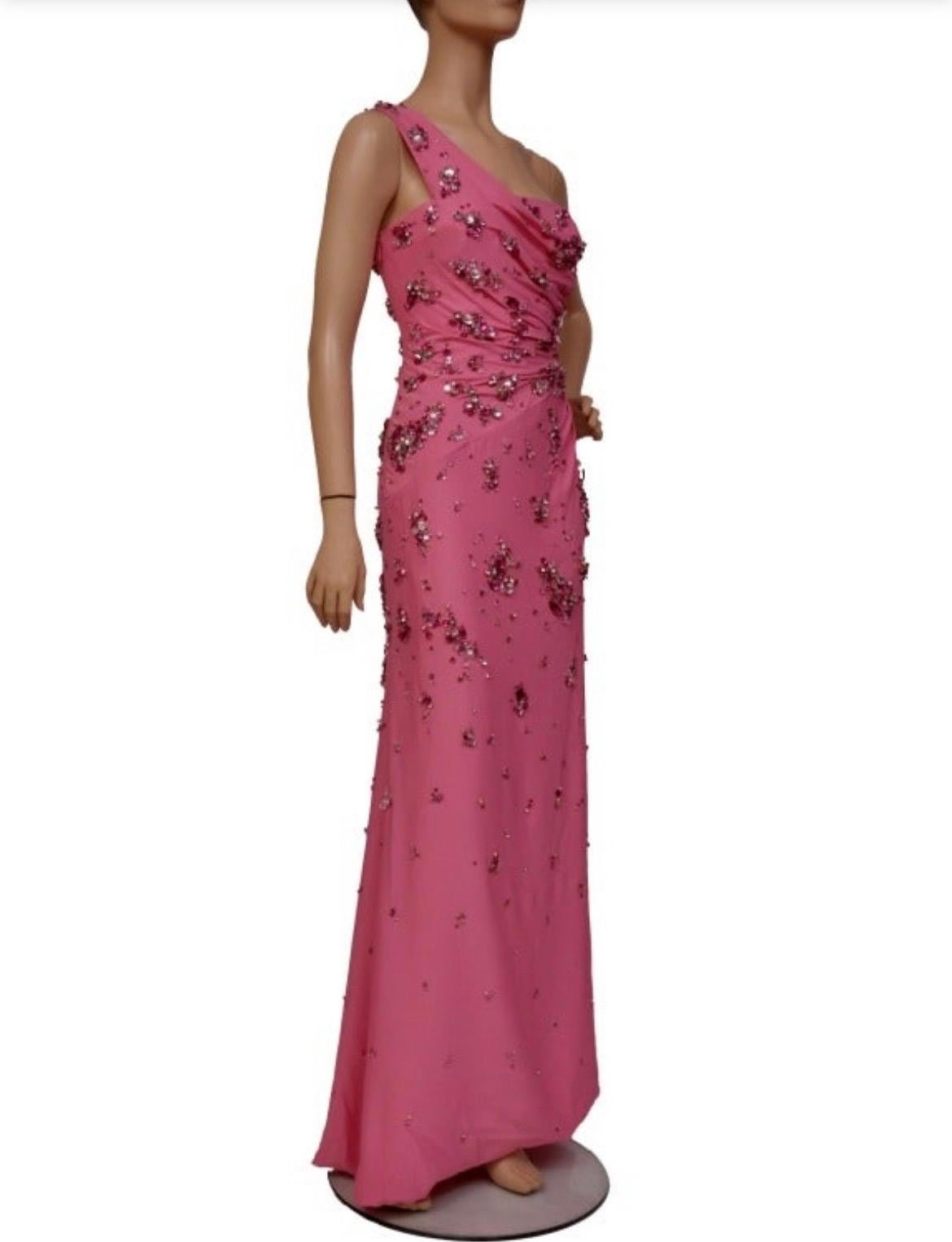 2009 Vintage Versace Crystal Embellished One Shoulder Pink Gown Italian 42 NWT In New Condition For Sale In Montgomery, TX