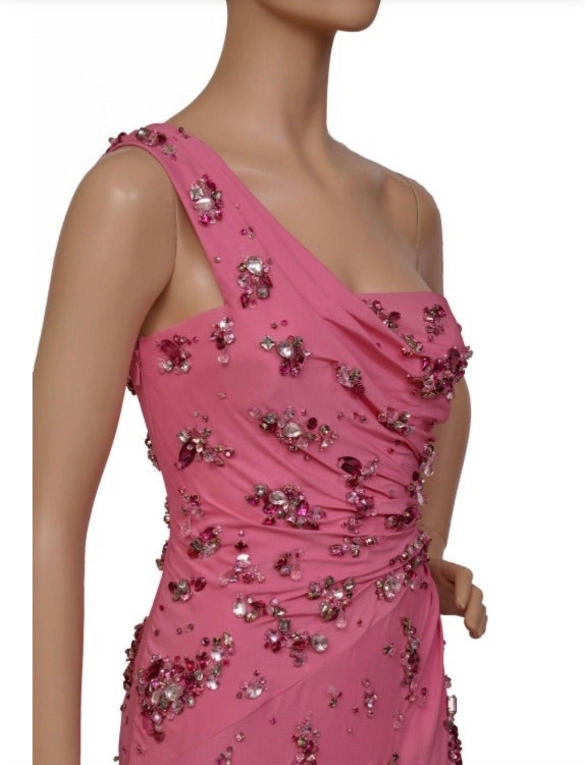 Women's 2009 Vintage Versace Crystal Embellished One Shoulder Pink Gown Italian 42 NWT For Sale