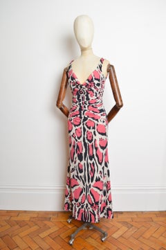 2009 Vintage Roberto Cavalli Pink Ruched Jaguar animal print Maxi Dress