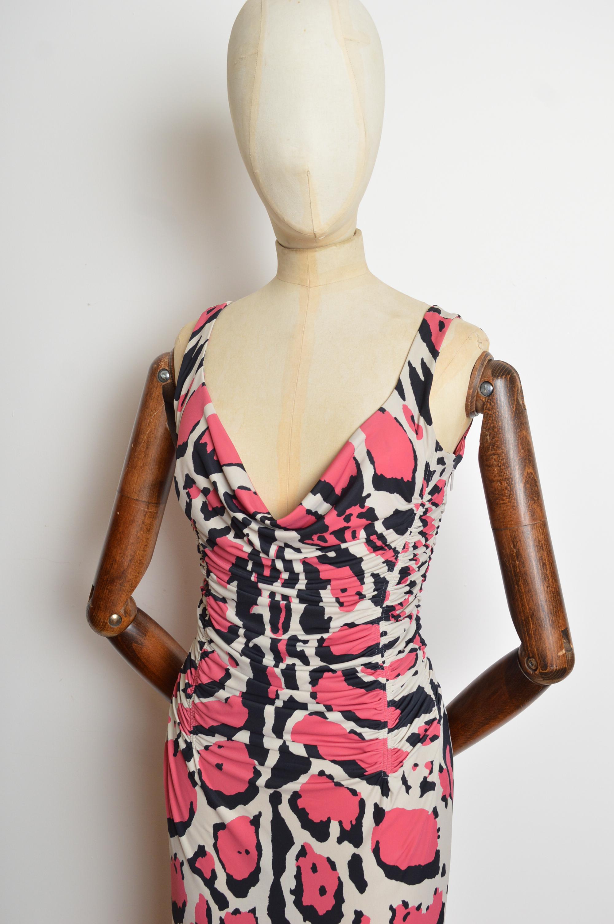 Beige 2009 Vintage Roberto Cavalli Pink Ruched Jaguar animal print Maxi Dress For Sale