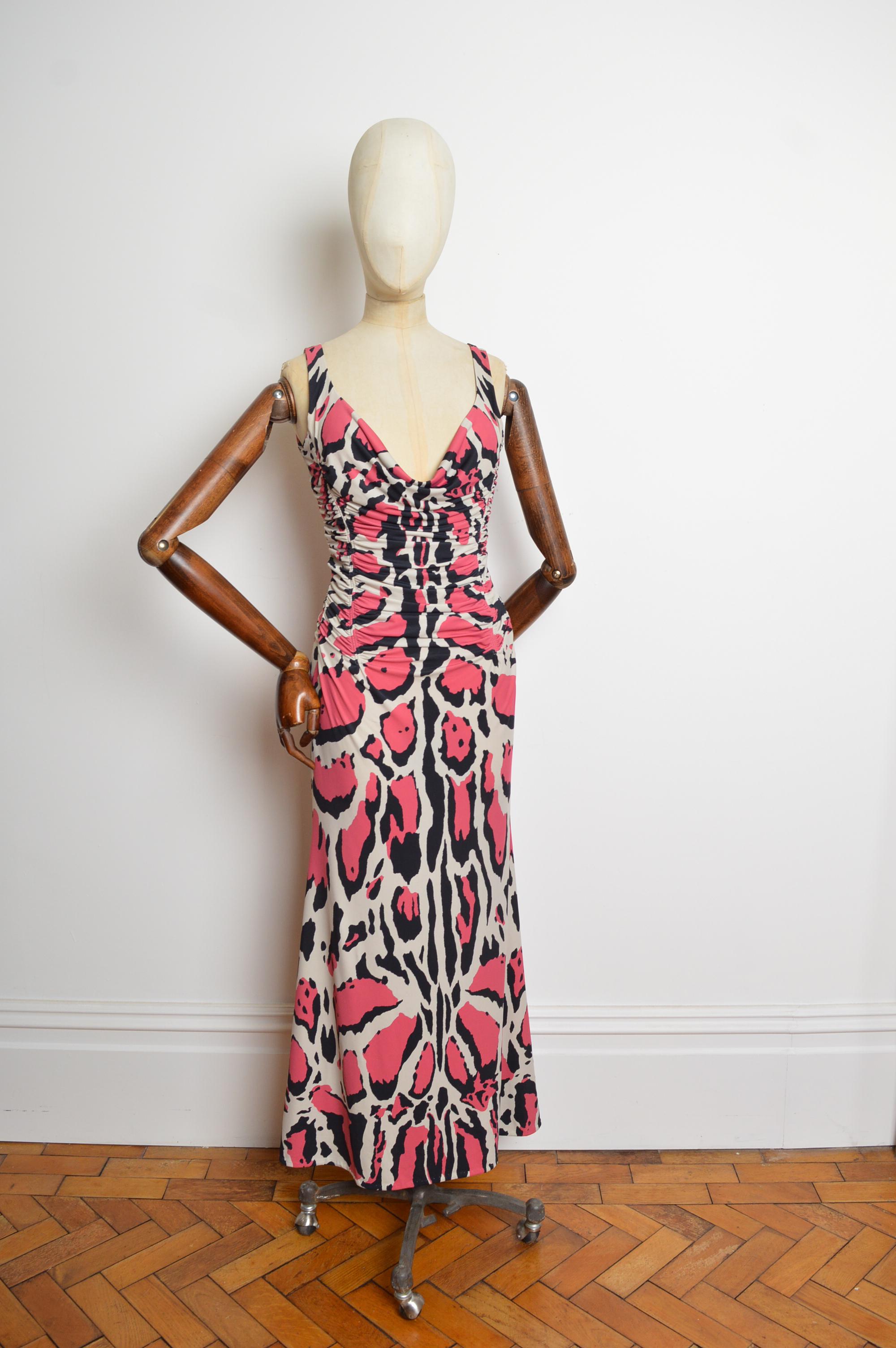 Women's 2009 Vintage Roberto Cavalli Pink Ruched Jaguar animal print Maxi Dress For Sale