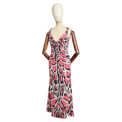 2009 Vintage Roberto Cavalli Pink Ruched Jaguar animal print Maxi Dress