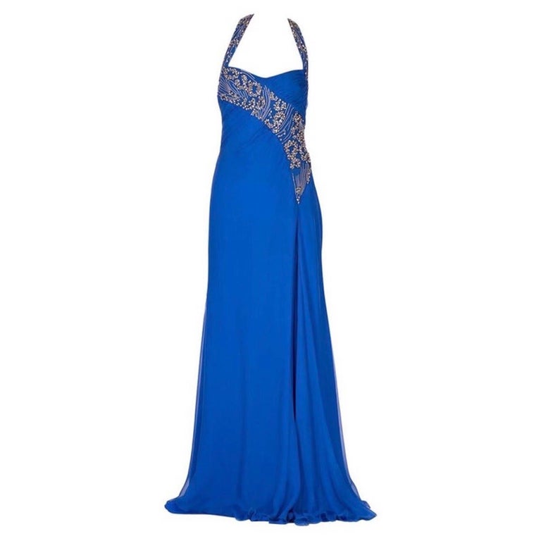 2009 Vintage Versace crystal embellished blue silk dress gown Italian 42 -  6 NWT For Sale at 1stDibs
