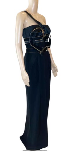 2009 Vintage Versace One Shoulder Black Silk Long Dress Gown with Heart 42 - 6