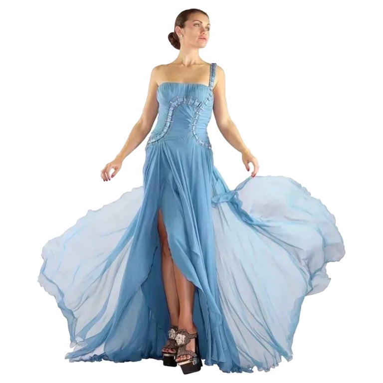 2009 Vintage Versace Vestido de seda azul con un solo hombro visto