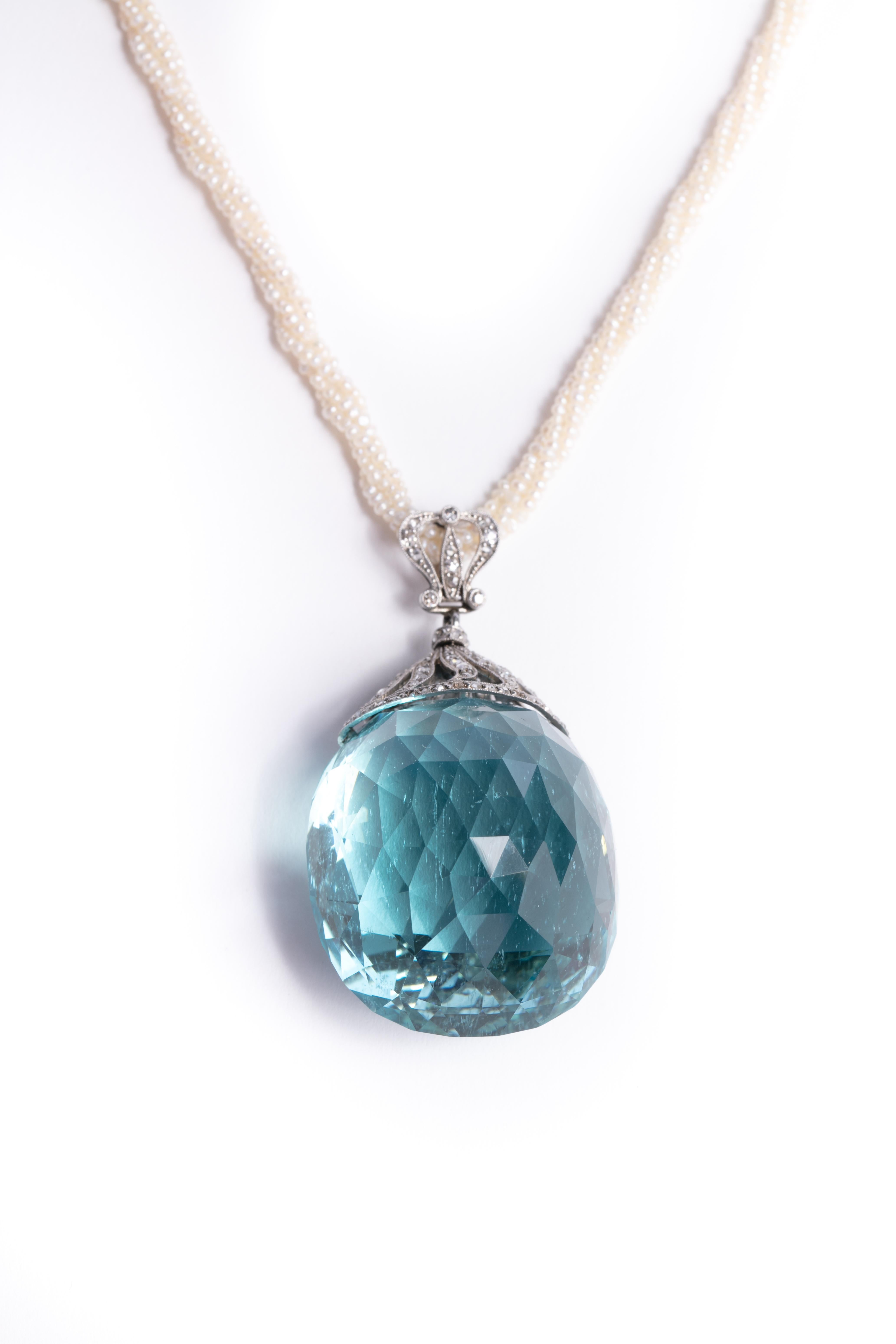 Romantic 200 Carat Aquamarine Pendant with Antique Seed Pearl Necklace
