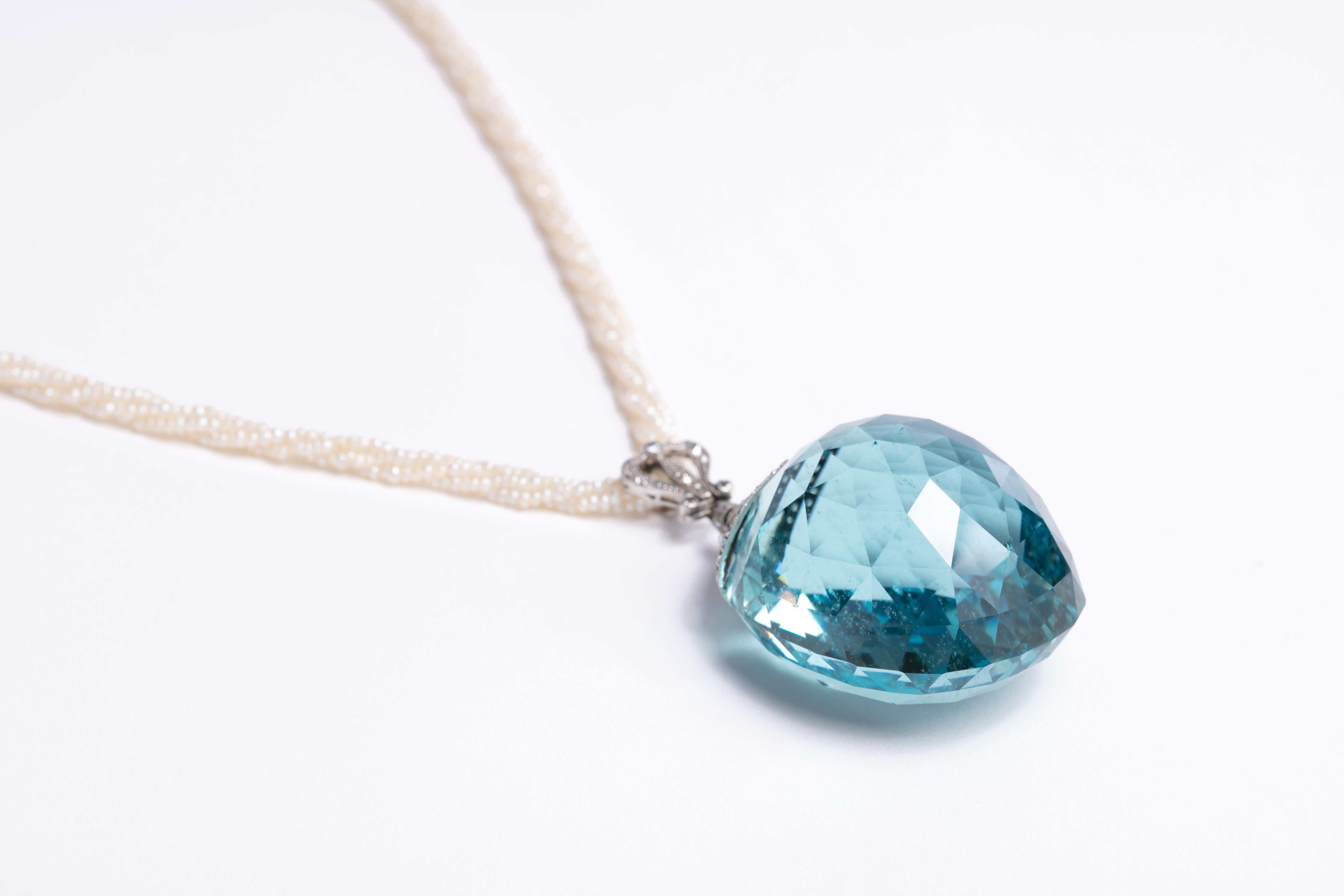 Women's 200 Carat Aquamarine Pendant with Antique Seed Pearl Necklace