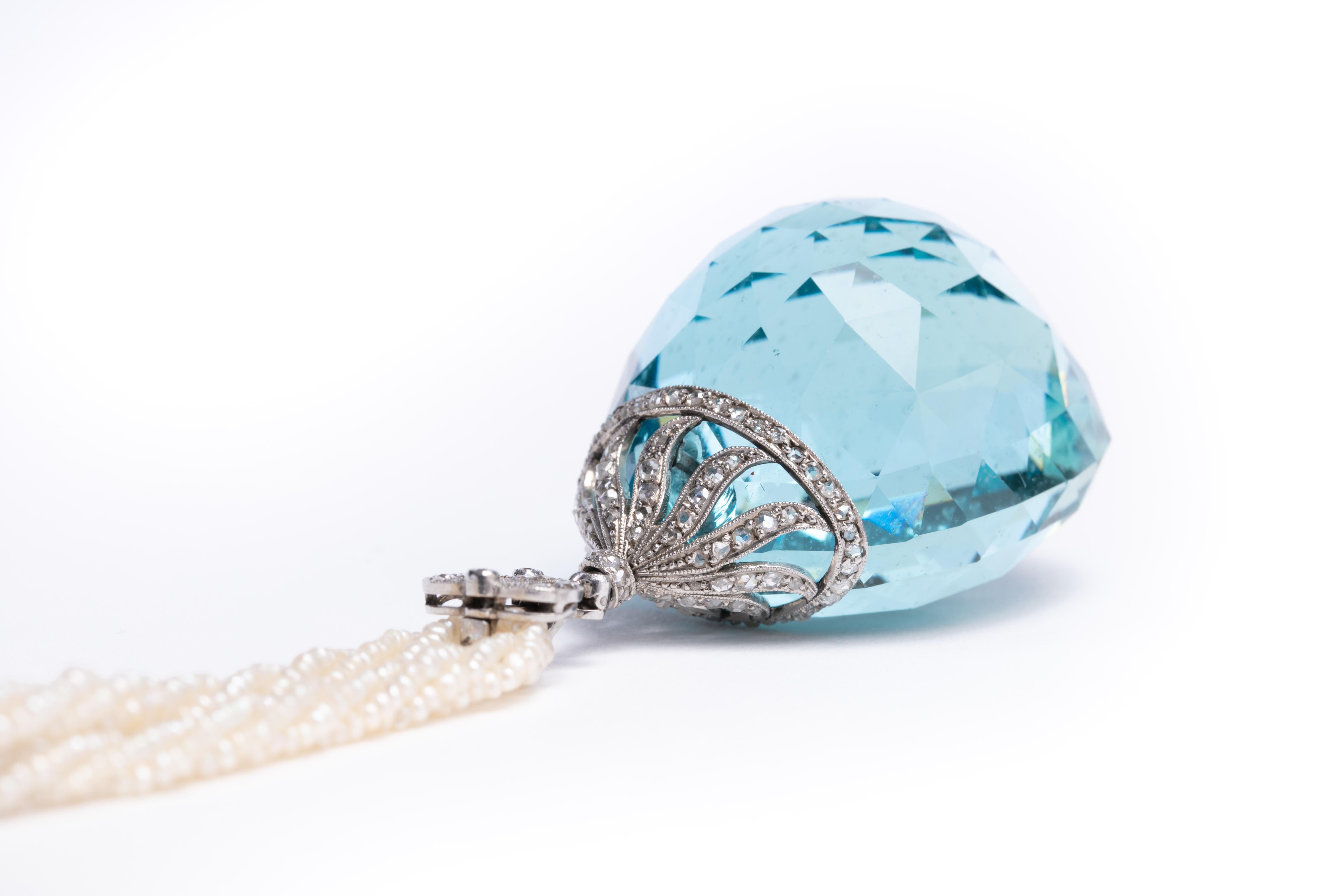 200 Carat Aquamarine Pendant with Antique Seed Pearl Necklace 2