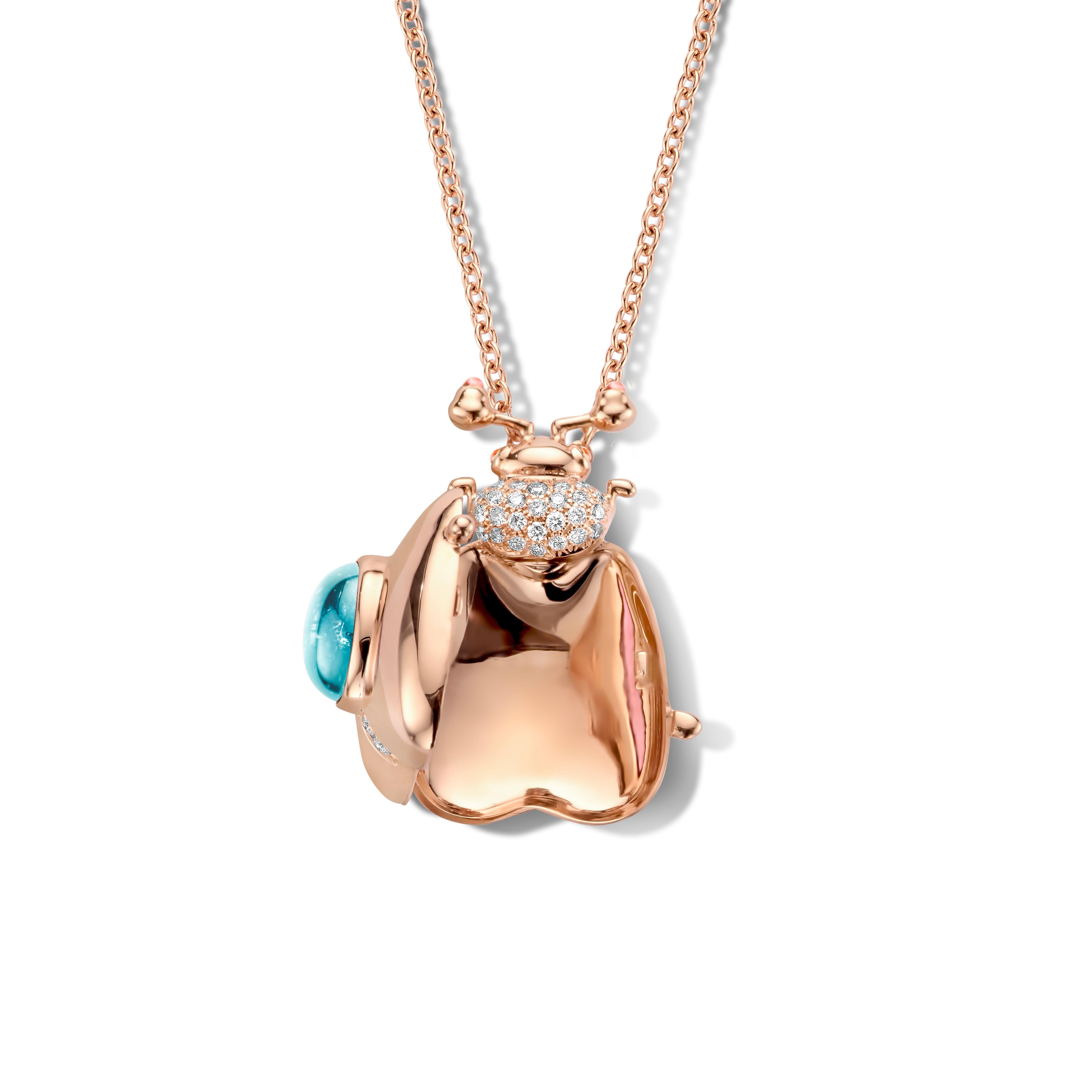 One of a kind lucky beetle necklace in 18K rose gold 16g set with the finest diamonds in brilliant cut 0,31Ct (VVS/DEF quality) and one natural, aquamarine in ovale cabouchon cut 2,00Ct. The feelers and the eyes are set with tsavorites and pink
