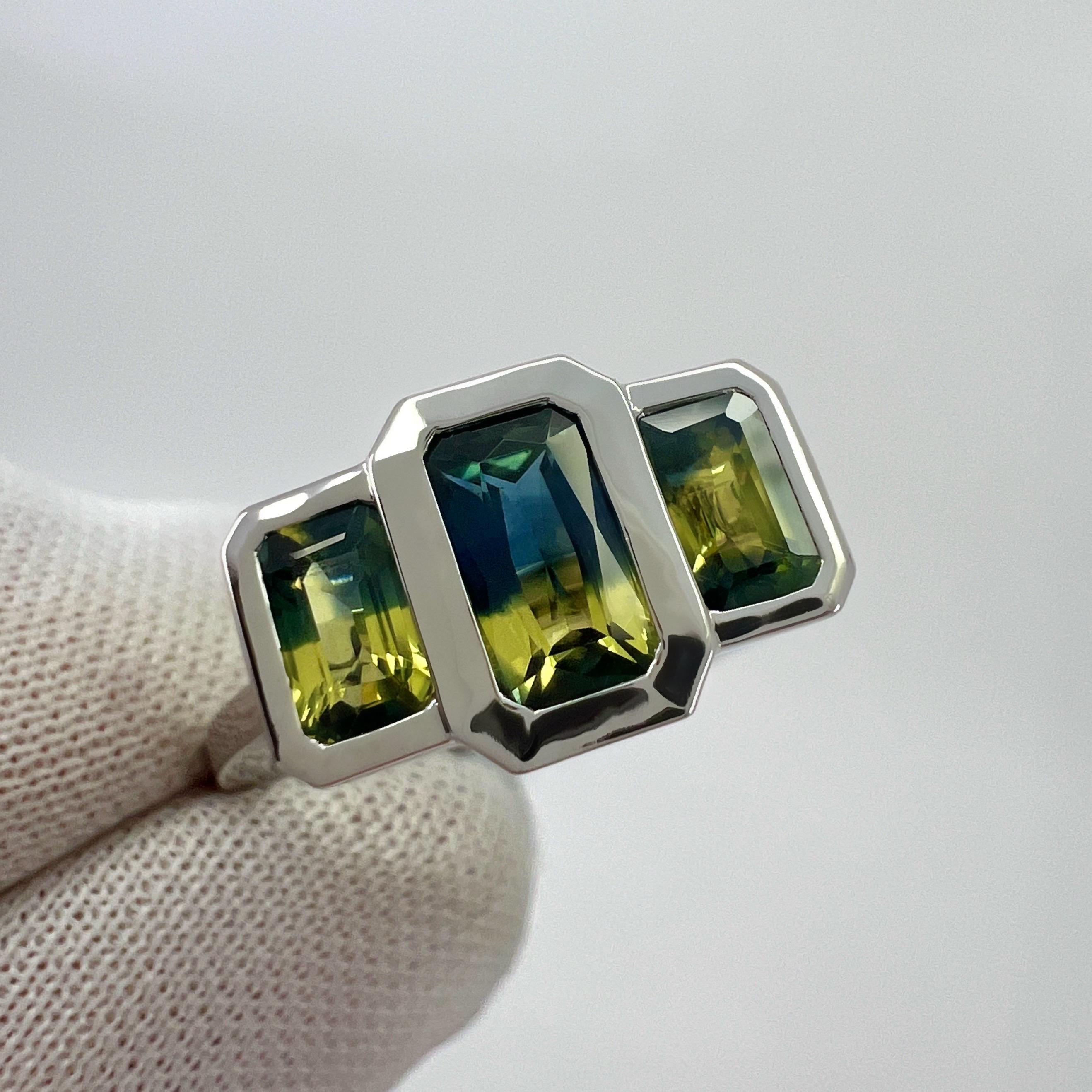 2.00ct Bi Colour Yellow Blue Australian Sapphire 18k White Gold Three Stone Ring For Sale 5