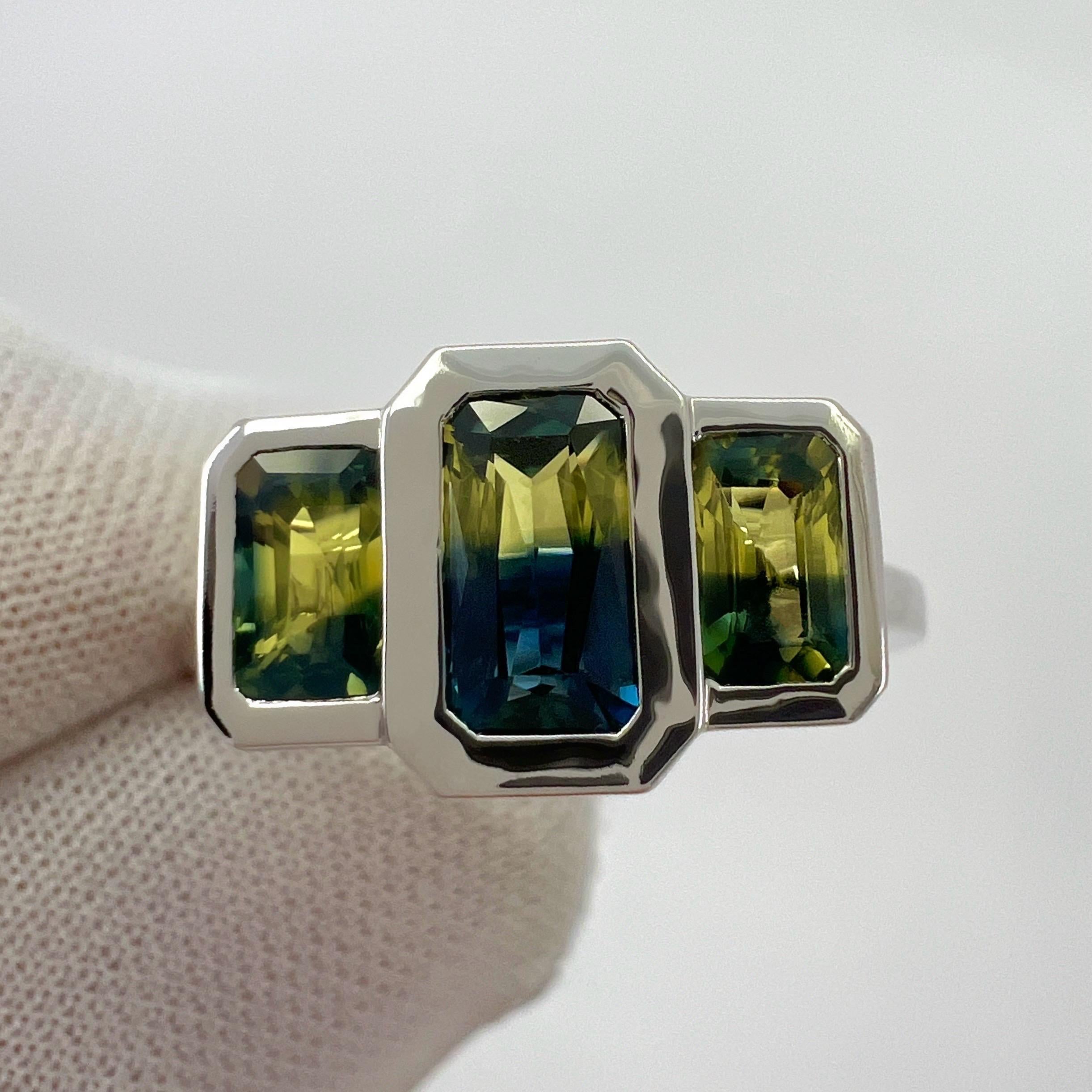 2.00ct Bi Colour Yellow Blue Australian Sapphire 18k White Gold Three Stone Ring For Sale 7