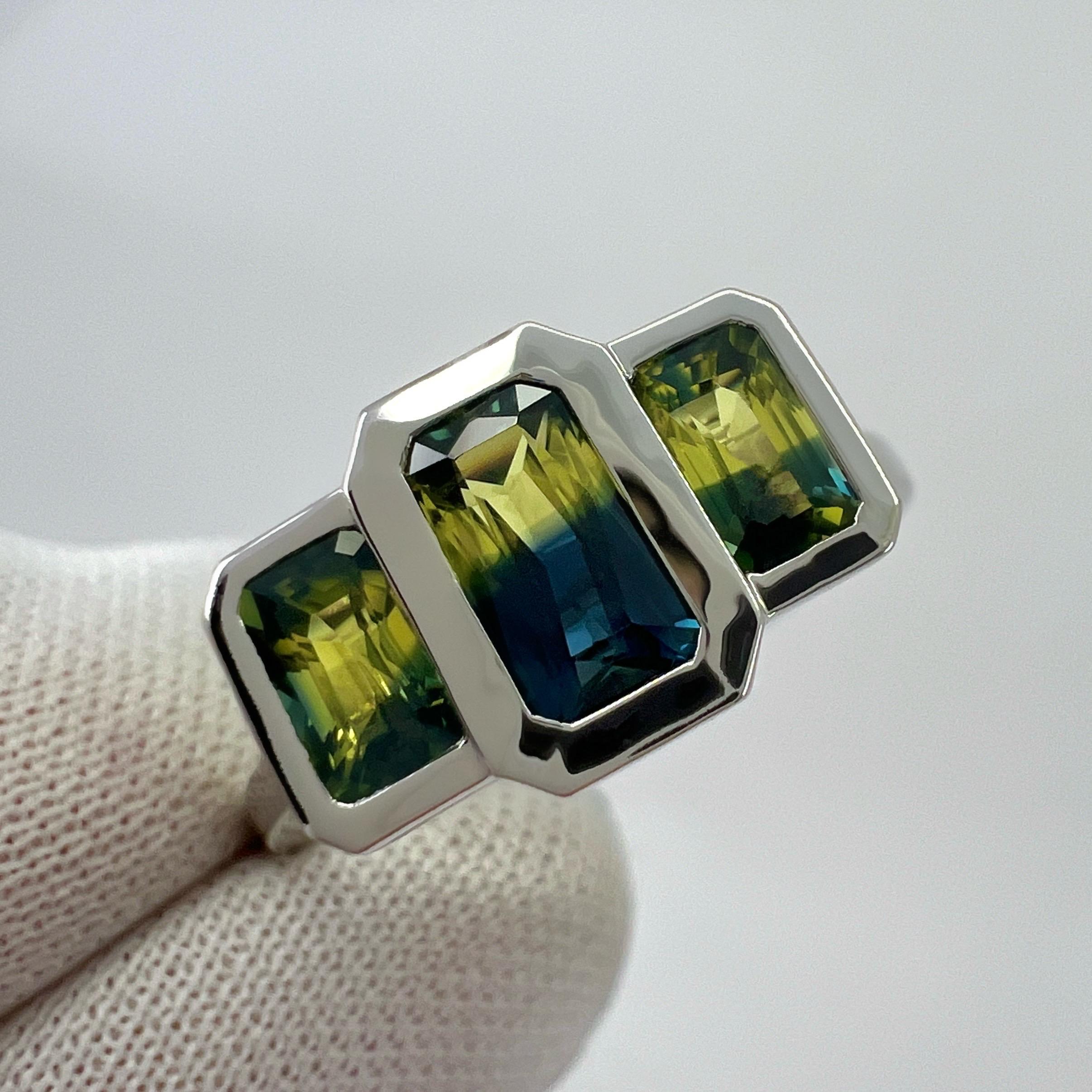 Emerald Cut 2.00ct Bi Colour Yellow Blue Australian Sapphire 18k White Gold Three Stone Ring For Sale