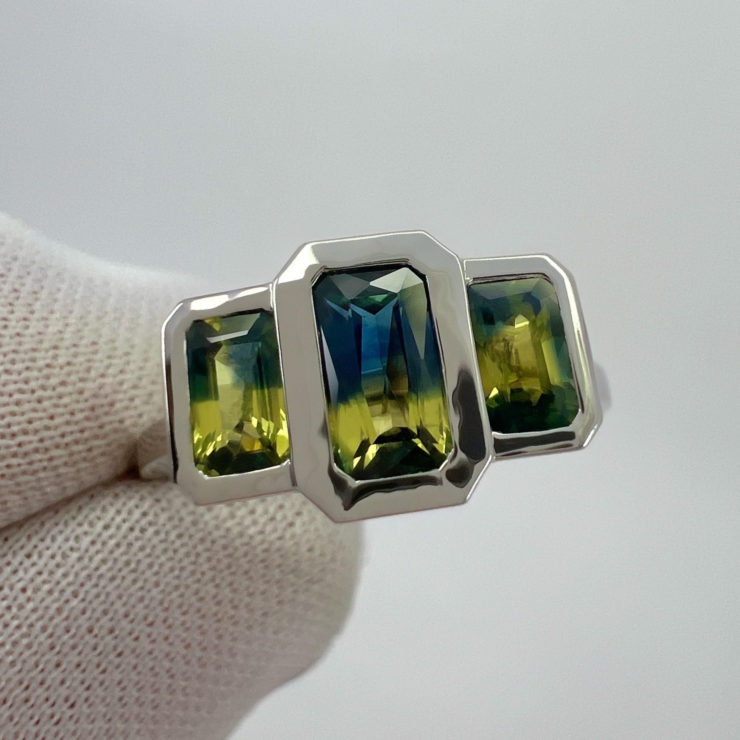 2.00ct Bi Colour Yellow Blue Australian Sapphire 18k White Gold Three Stone Ring In New Condition For Sale In Birmingham, GB