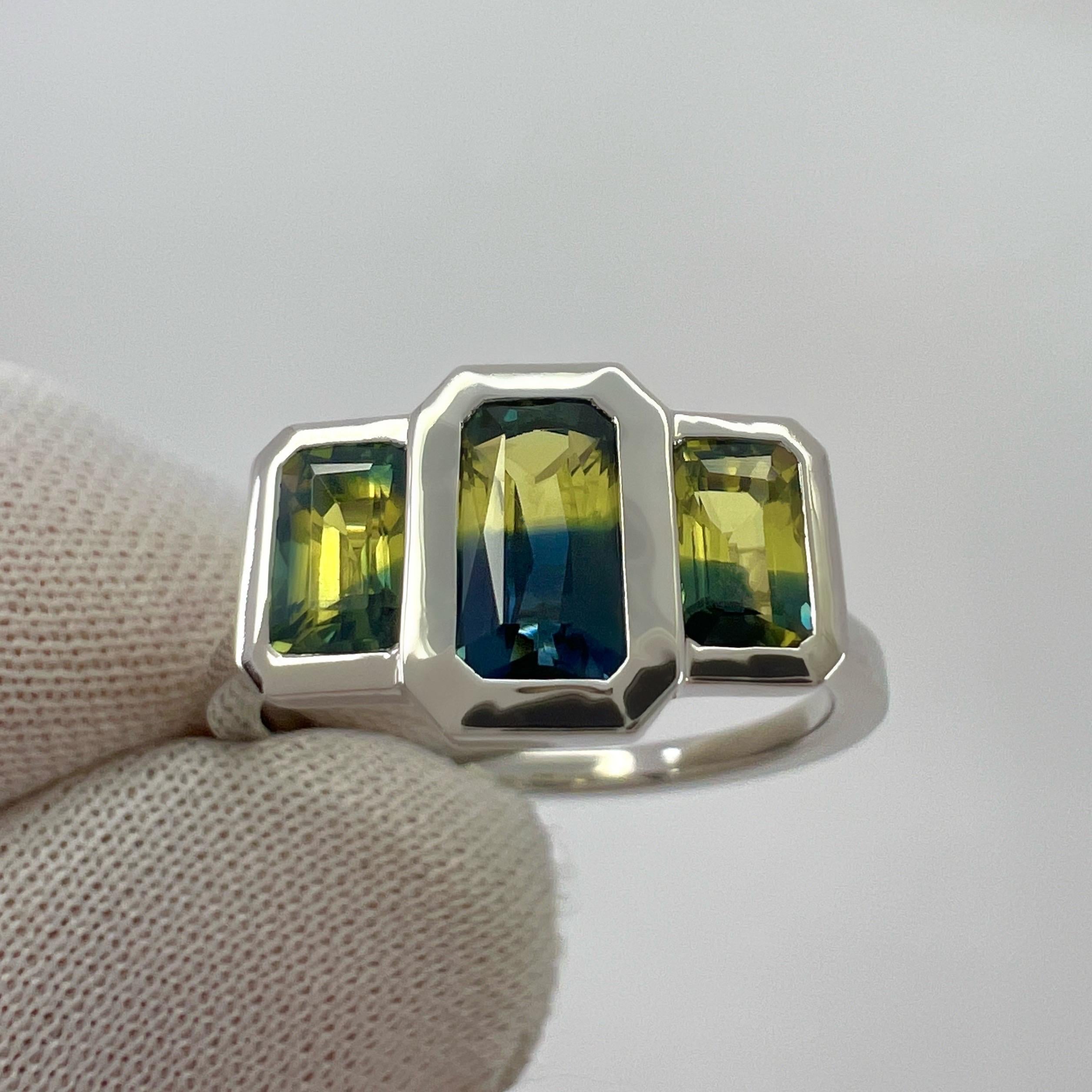 Women's or Men's 2.00ct Bi Colour Yellow Blue Australian Sapphire 18k White Gold Three Stone Ring For Sale
