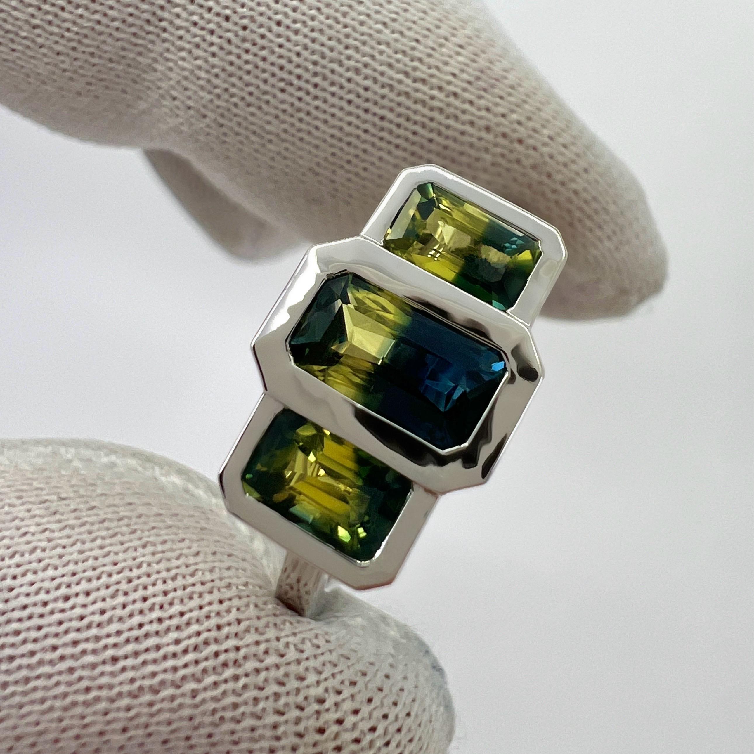 2.00ct Bi Colour Yellow Blue Australian Sapphire 18k White Gold Three Stone Ring For Sale 1