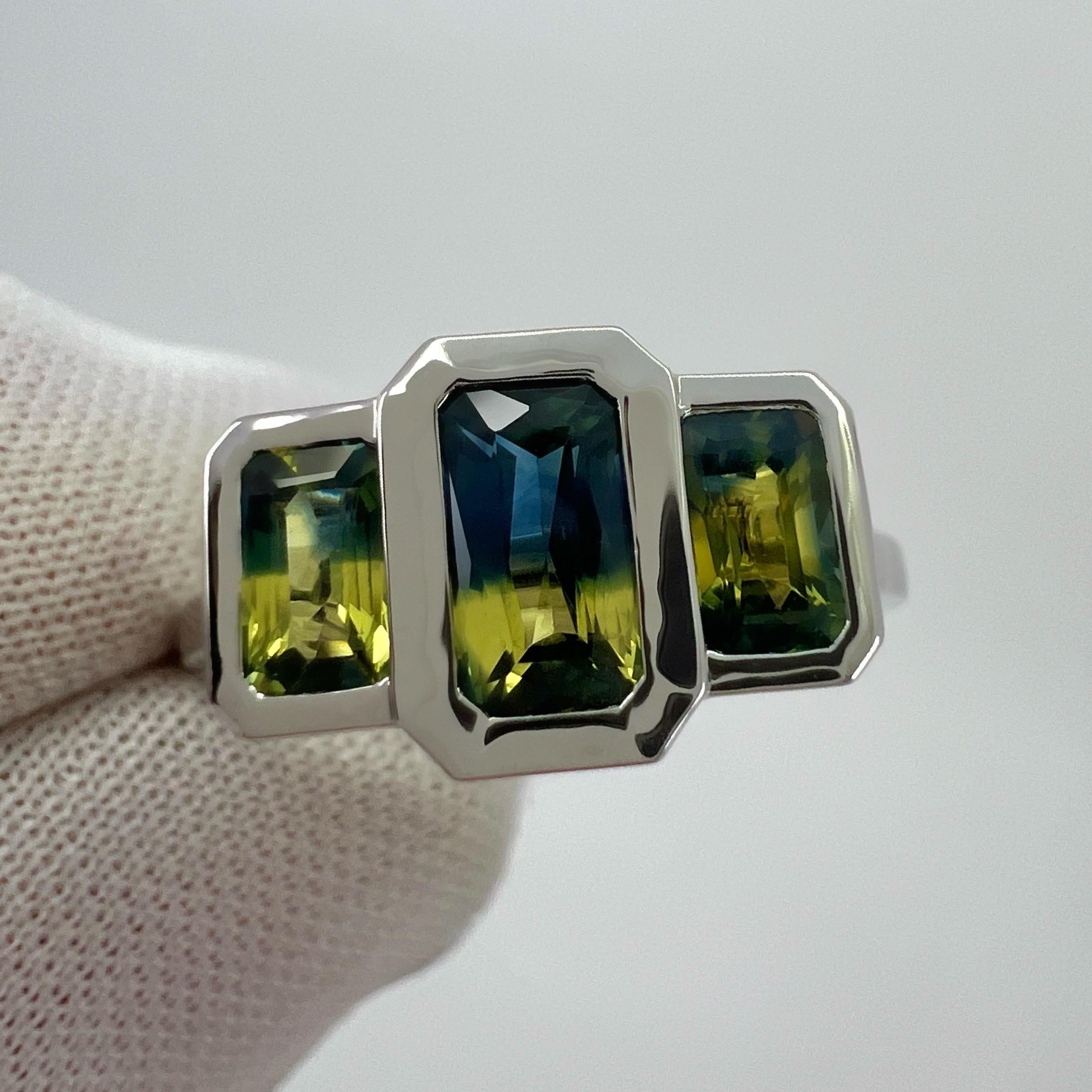 2.00ct Bi Colour Yellow Blue Australian Sapphire 18k White Gold Three Stone Ring For Sale 2