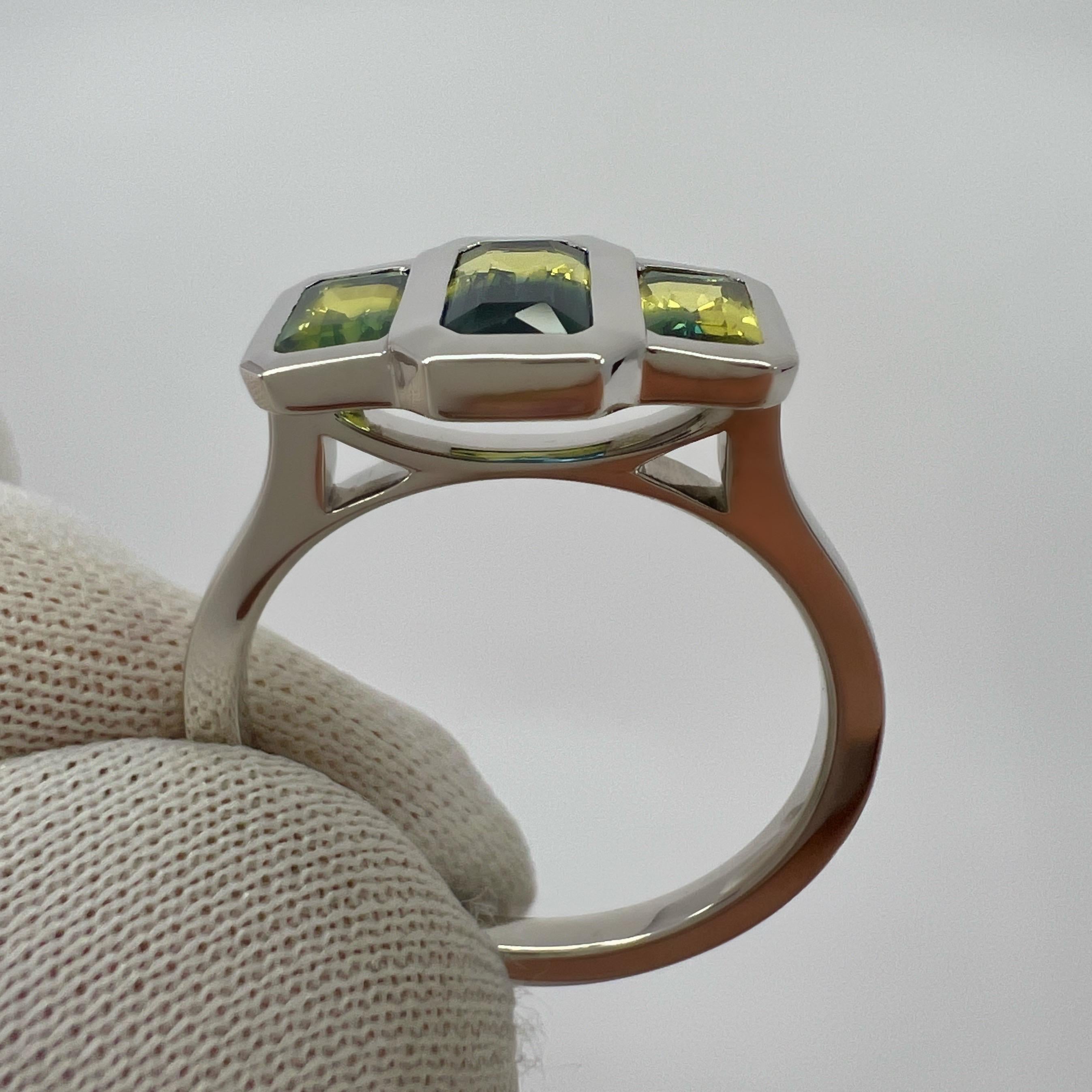 2.00ct Bi Colour Yellow Blue Australian Sapphire 18k White Gold Three Stone Ring For Sale 3